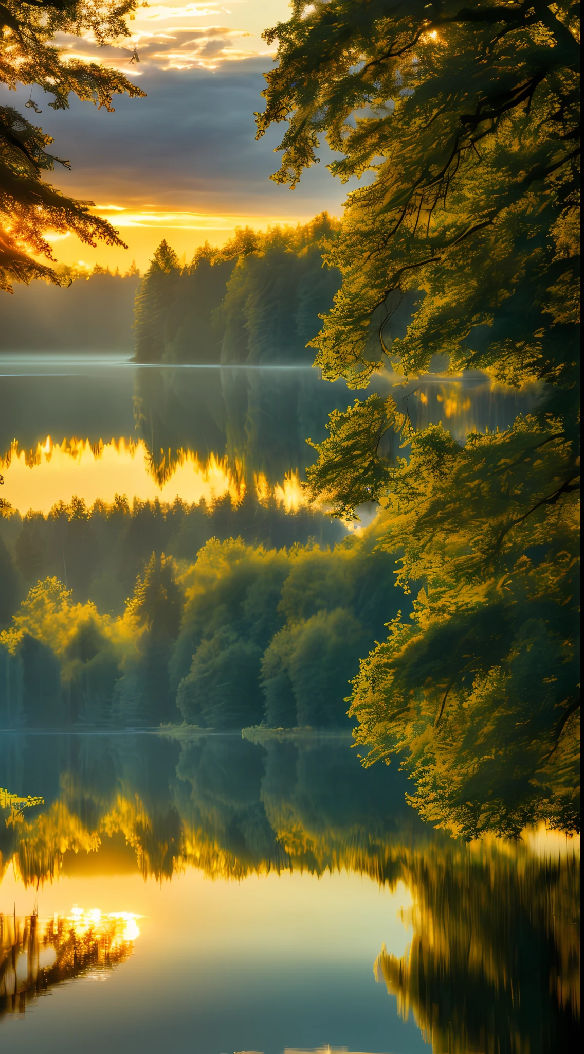 wallpaper, summer, lake, dawn, forest, detailed forest, clouds, masterpiece, cinematic, soft light, depth of field, ray tracing, reflection in water, realism, ulra detailed,