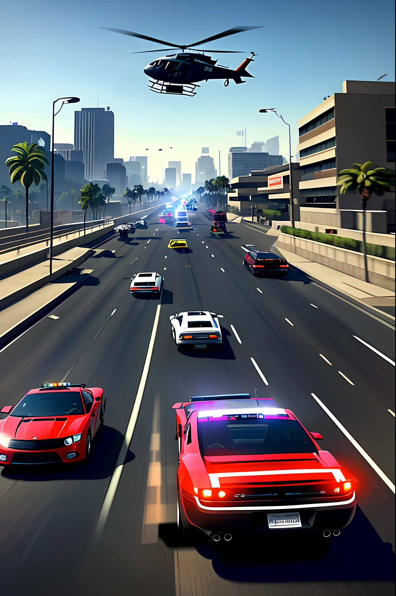 Draw an image that depicts a high-speed police chase through the busy streets of Los Santos, with tuned cars and helicopters flying over the site.