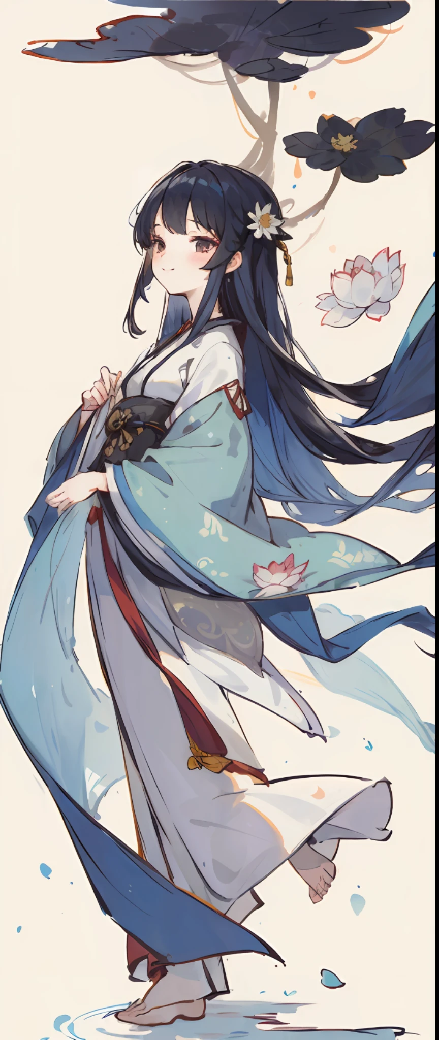 ((4k,masterpiece,best quality)), shuimobysim, traditional chinese ink painting, lotus, hanfu, maxiskit, dress conservatively 1girl, solo, long blue hair, smile, standing, feet in the water, barefoot,