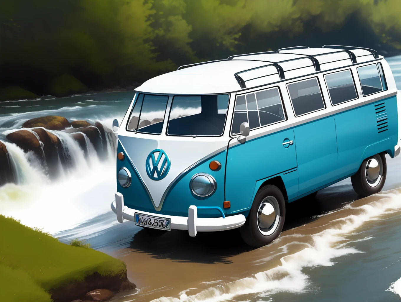 graphic design, flat design, VW Kombi 1968 off-road, passing through a river. watercolor splashes, highly detailed clean, photorealistic masterpiece, professional photography, realistic car, White background, isometric, vibrant color vector