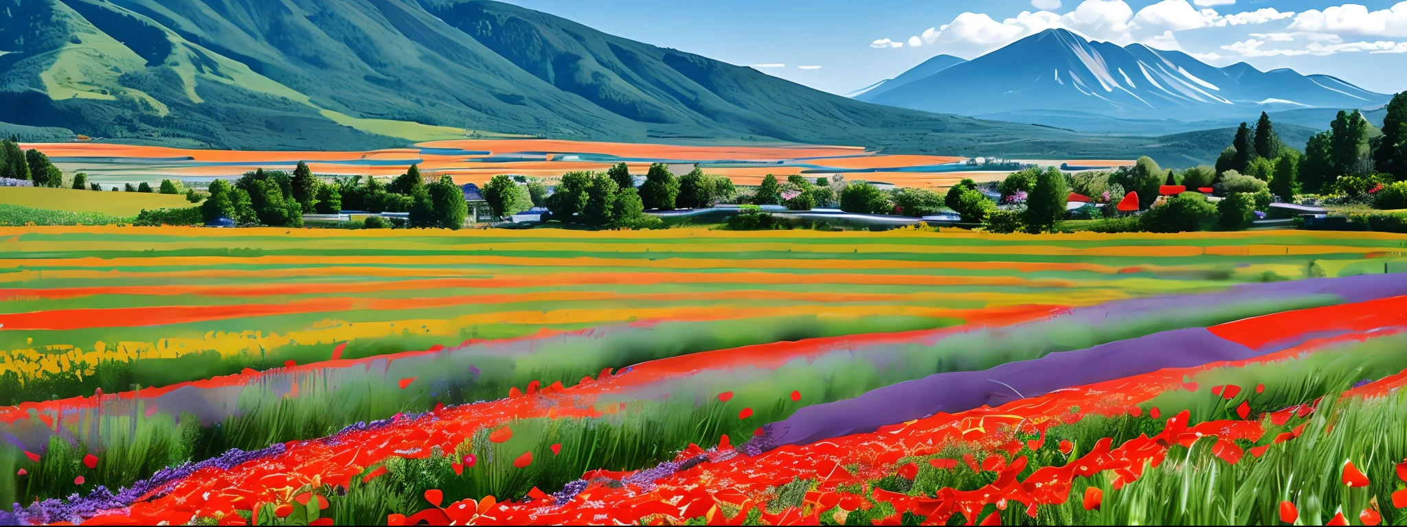 Hokkaido、Flower garden、Rows of lavender flowers、Rows of red poppies、Rows of yellow poppies、mountains in the background --auto --s2
