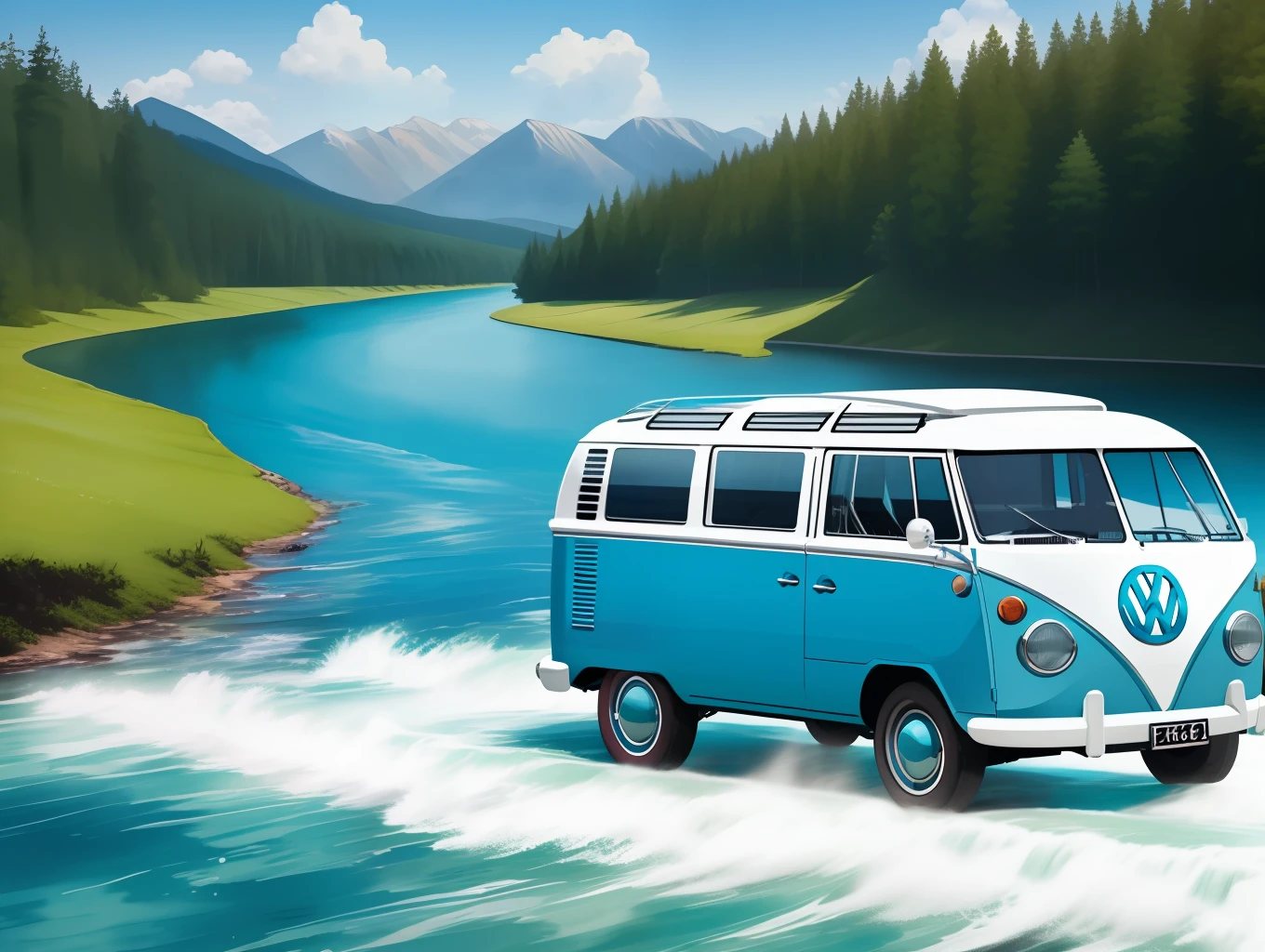 graphic design, flat design, VW Kombi 1968 off-road, passing through a river. watercolor splashes, highly detailed clean, photorealistic masterpiece, professional photography, realistic car, White background, isometric, vibrant color vector