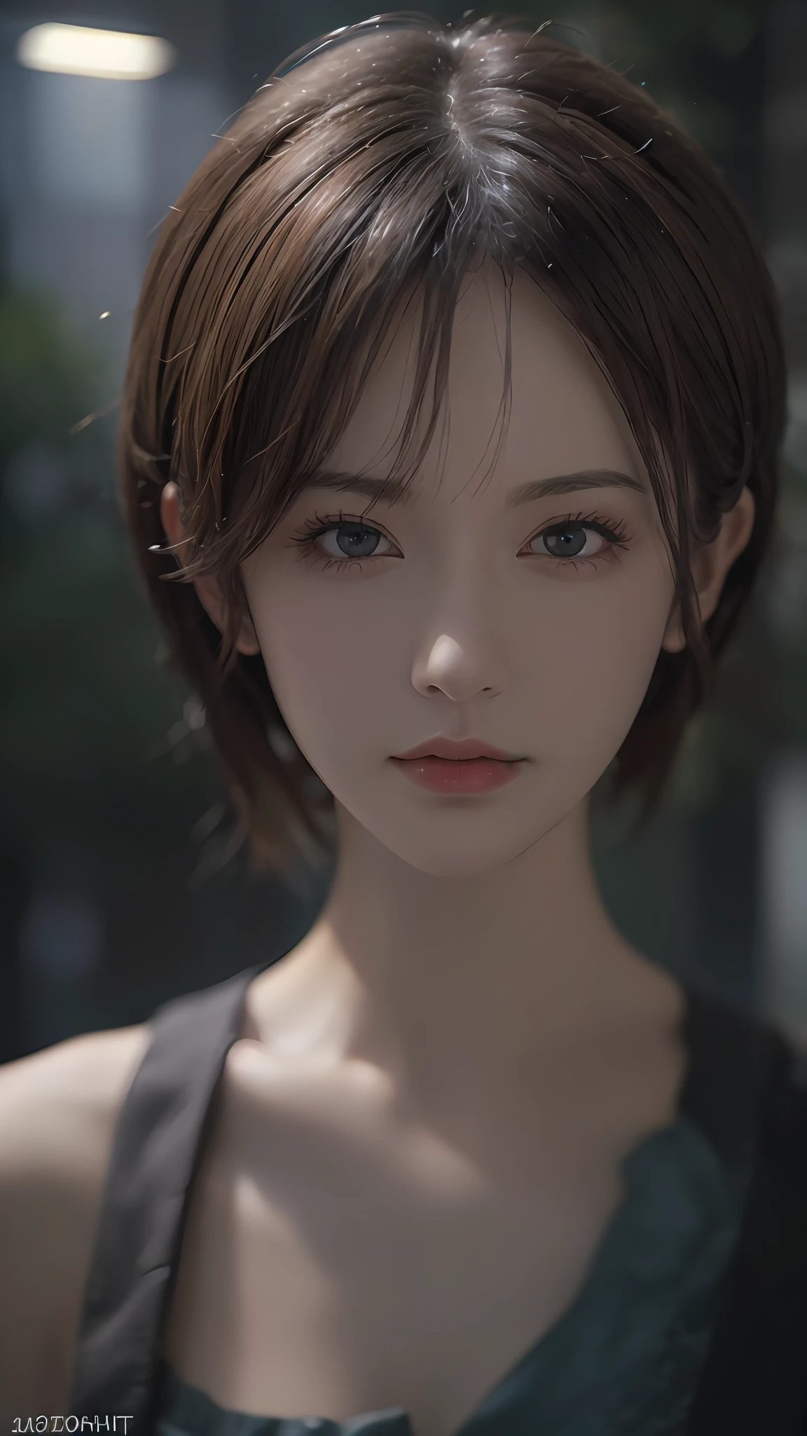 ((Photorealistic, RAW photo, Best quality, Masterpiece :1.3)), A pretty woman, Ulzzang, Short hair, Attractive gaze, Ultra realistic, Dynamic lighting, Cinematic lighting, In the dark:1.6, Deep shadow, Highly detailed face