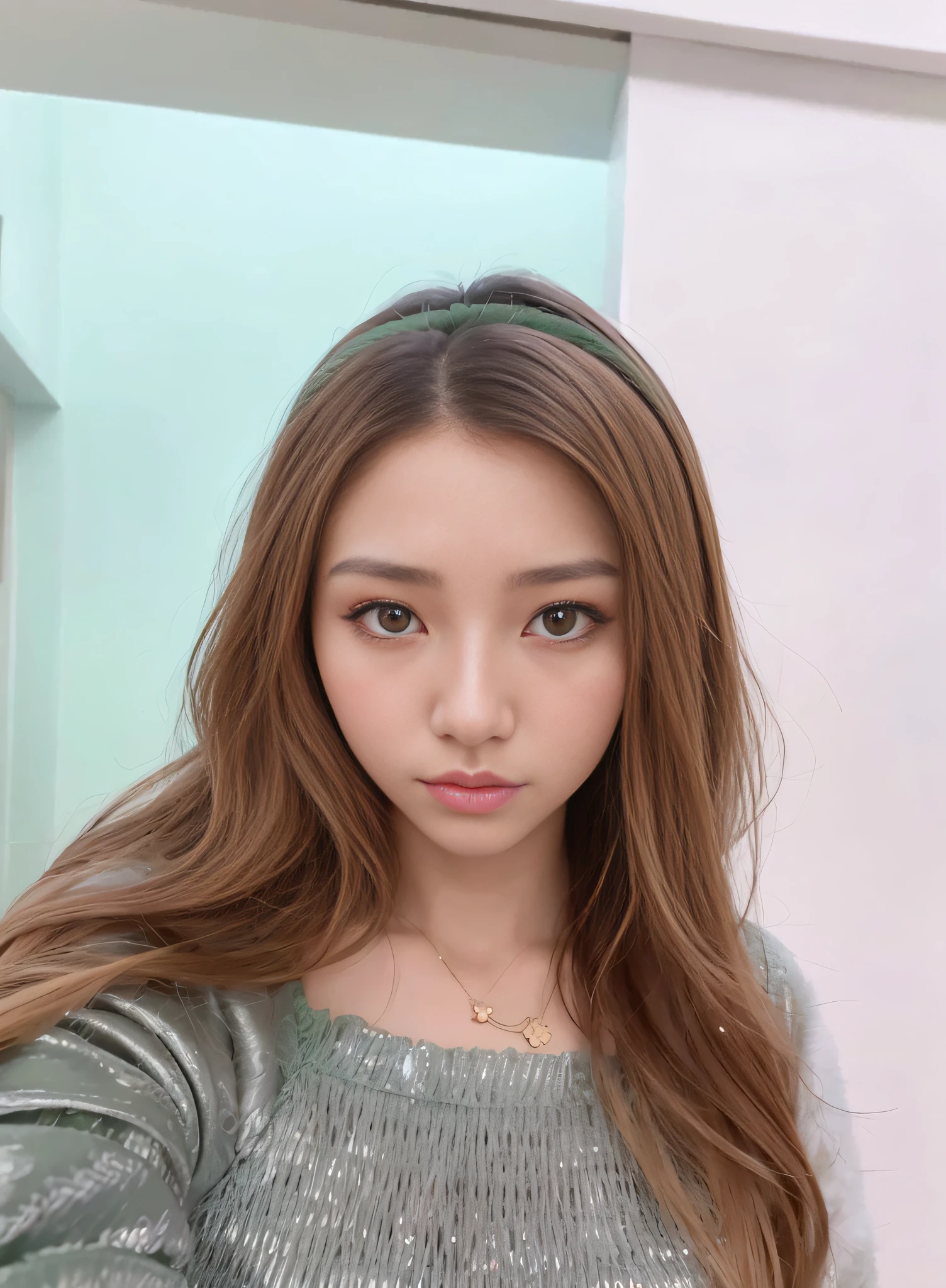 Long-haired Arad woman,Wears an emerald green top and a green headband, 8k selfie photograph, light green tone beautiful face, Young adorable Korean face, popular south korean makeup, Ulzzang, soft portrait shot 8 k, popular south korean makeup, 19-years old-old girl, headshot profile picture, young cute wan asian face, good young girl,cartoon avatar,Q version avatar