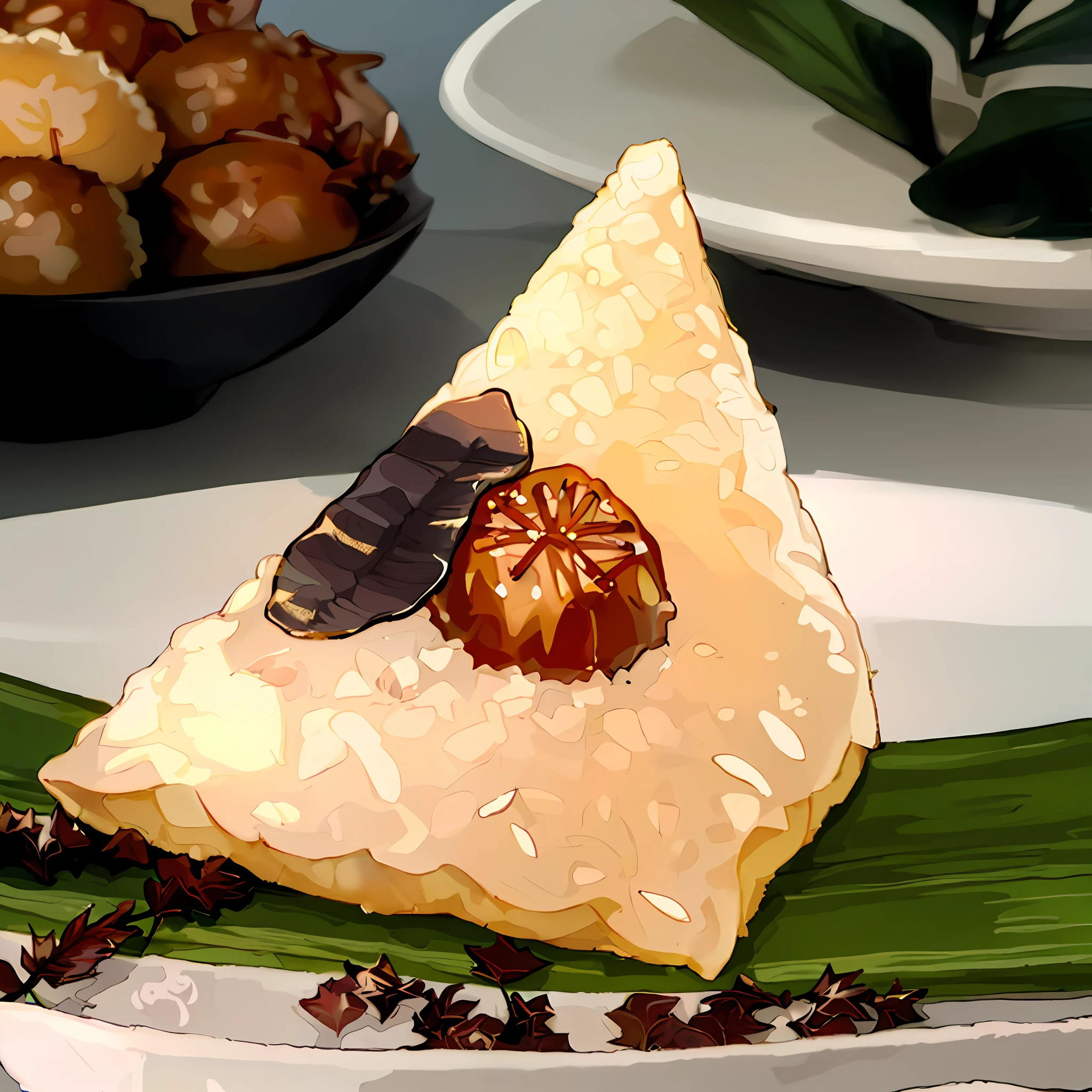 (Beautiful illustrations、high quality、fine CG,Delicate textures and colors),rice dumpling,Regular ingredients(Glutinous rice flour、Reed leaves),Bright shades,Fresh and minimalist scene,White floral tablecloth,Colorful rice dumpling leaves,Wrapped in sweet glutinous rice、Fluffy minced meat,A sense of fine detail,Auspicious clouds,A beautiful picture。