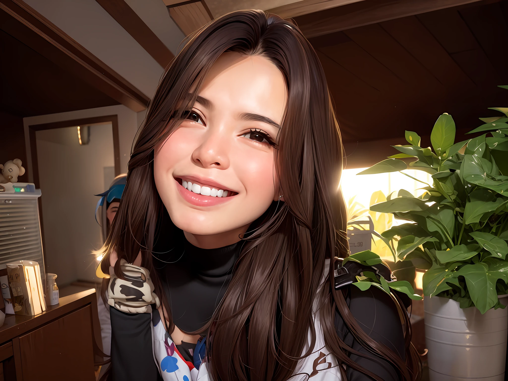 smiling woman with long brown hair and a teddy bear in front of a plant, adorable smile, Alanis Guillen, Lorena Avarez, fernanda suarez, cerca de 3 5 anos, Estefania Villegas Burgos, com um lindo sorriso, sorriso bonito, bela imagem, cabelos castanhos e olhos grandes, Pokimane, Me ajuda, imagem de perfil