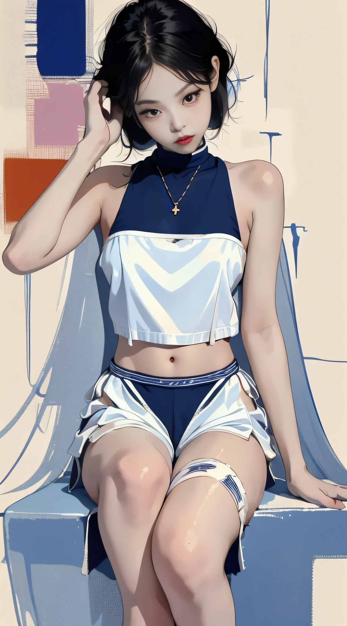 (1 girl one girl:1 girl Girl.3 girls), solo,_Kim Ji-ni Jennie face,Wear it with a royal blue bandeau underneath,open waist,blue shorts,,sex appeal,cuteness,white legwear,White wall,,FULL-bodyphoto,looks at the viewer,World-weary face,Indifferent eyes,Korean style