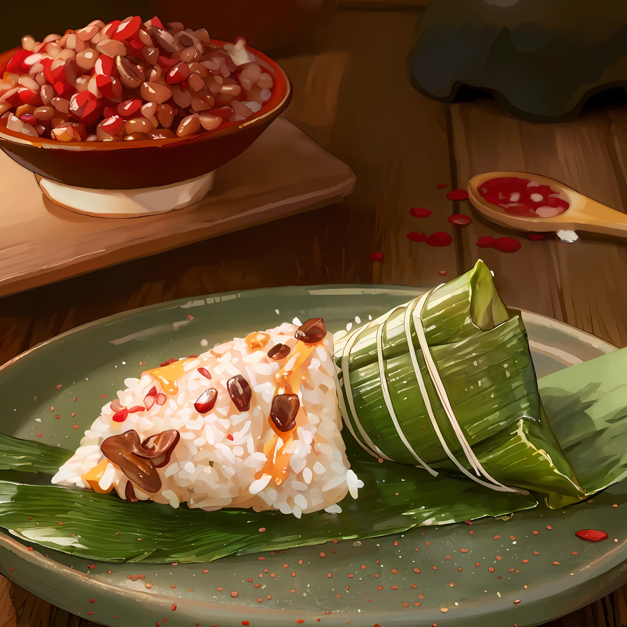 rice dumpling，It is topped with rice and beans, super realistic food picture, in style of thawan duchanee, amazing food illustration, amazing food photography, close up food photography, traditional art, fanart, inspired by Gong Kai, ❤🔥🍄🌪, food commercial 4 k, high quality food photography, author：Neil Glean, digitally painted