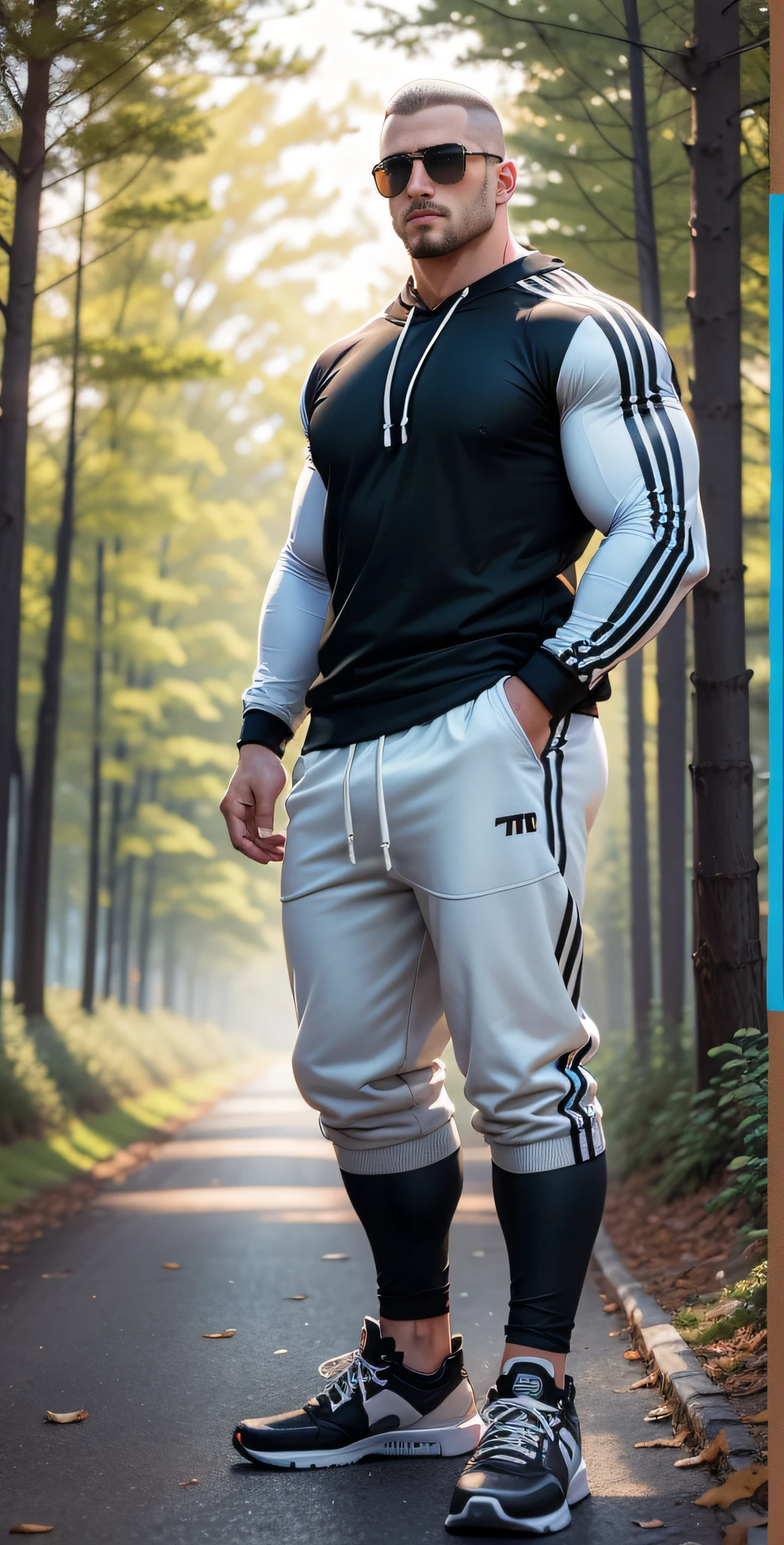 Man in off-white sweatshirt standing in the middle of a sunny highway，American round head，Buzz Cut，National character face，Tall and burly，muscular male hero，Heroic male pose，very muscly！Wear sunglasses，SKINS brand sports sweatshirt， Black hair，super buff and cool， commission for high res，  Character design: morning runner，sneaker shoes，Attractive strong men，The sun shines through the woods
