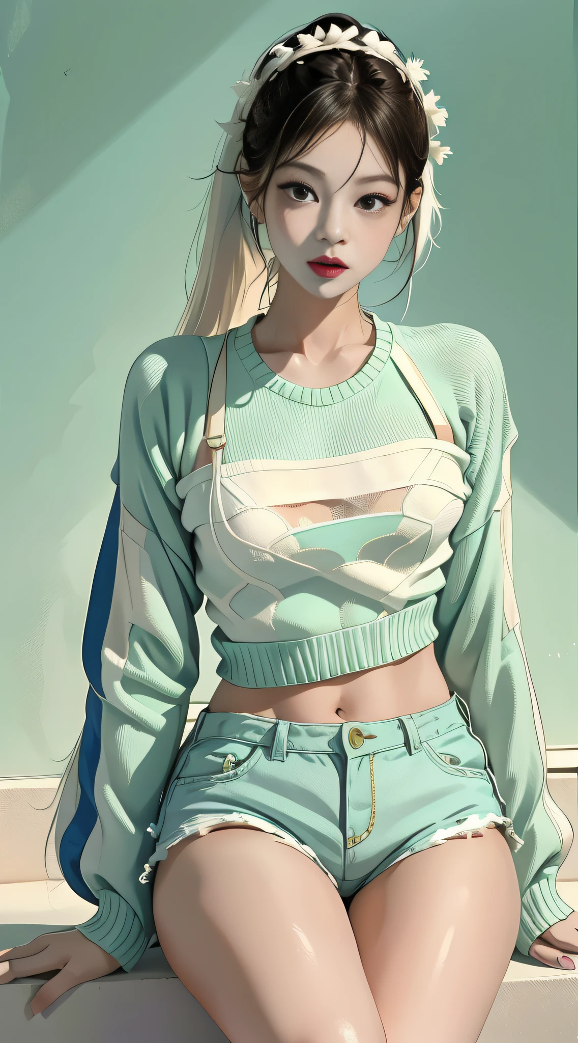 solo,_Kim Ji-ni Jennie face，Wears a pale green armband sweater，Short model，White bandeau inside，blue shorts，，sex appeal，cuteness，white legwear，Pale green walls