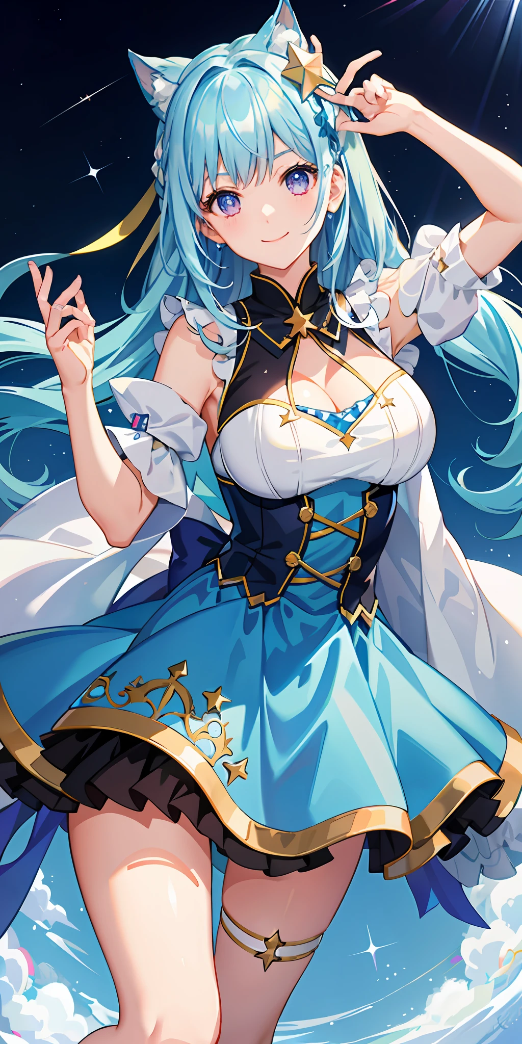 a 1girl、Bright、light blue hair、Star motif、multicoloured hair、pink eyes、Sareme、Mask on the head、Sidelight、Particles of light、wallpapers、Big Boobs、Idol、Idol costume、Loose fluffy、quiet、smile face