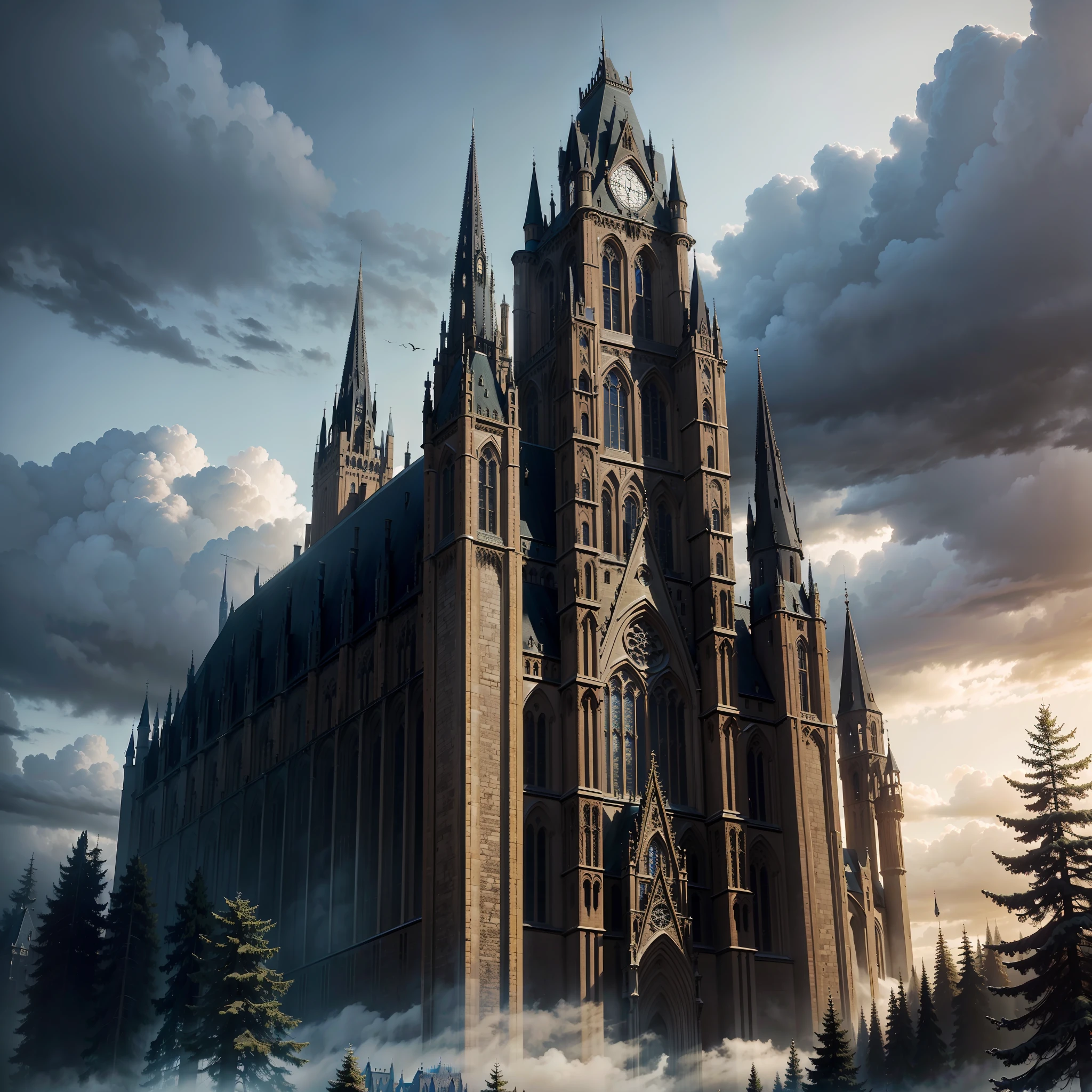 masterwork, Maximum granularity, Maximum clarity, Neo-Gothic architecture, Rational proportions, Gothic castle on a hill, daytime, thick black clouds, dense spruce forest, mist.