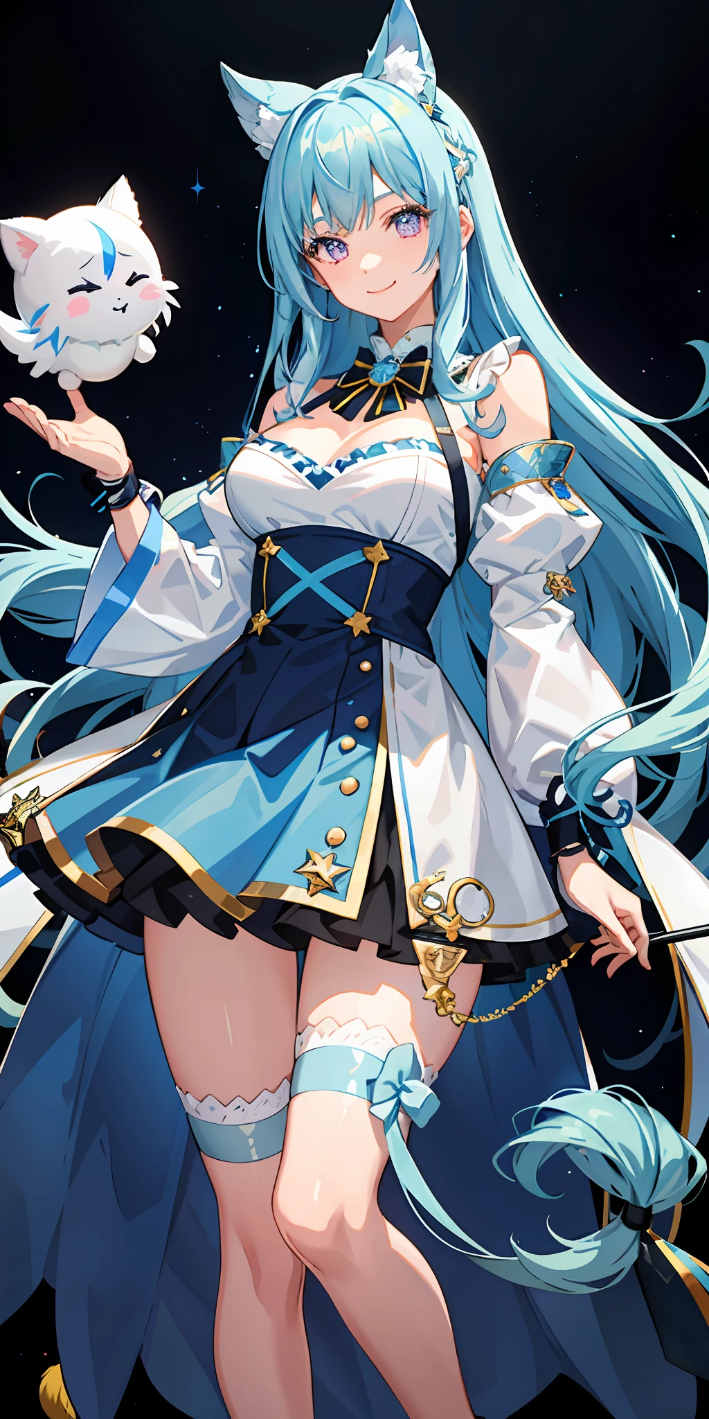 a 1girl、Bright、light blue hair、Star motif、multicoloured hair、pink eyes、Sareme、Mask on the head、Sidelight、Particles of light、wallpapers、Big Boobs、Idol、Idol costume、Loose fluffy、quiet、smile face