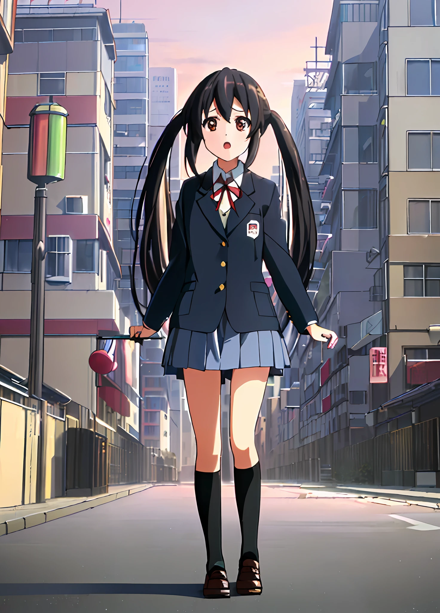 1girl, ((((Masterpiece))), Best Quality, Best Quality, High Detail, Azusa Nakano, 1girl, Sakuragaoka High School Uniform, Musical Instrument, School Uniform, Twin Tails, Long Hair, Black Hair, Brown Eyes, Solo, Red, Dark blue blazer with a thin ribbon of red, Solid white button shirt under blazer, Illustration, Cartoon, Soothing tones, Muted colors, Soft cinematic light, Adobe Lightroom, Photo Lab, HDR, complex and highly detailed, (((depth of field))))). (((Masterpiece))). (((highest quality))).) ((super detail))). (((Illustration))). (((Outside))). (((fighting stance))).,((((Giantization))).dynamic focus.small breasts. (((skyscrapers))). (((Cityscape))). (((Face of sadness))). open mouth.