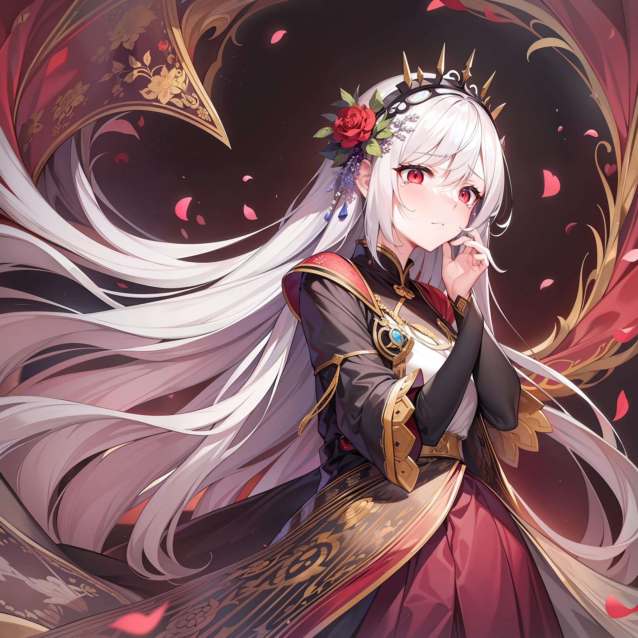 In the midst of this magnificent and ancient court，A white-haired female emperor of the white fox tribe who is wiping her tears appears in the center of the picture。

She wore a gorgeous white dress，Hair and drooping long sleeves dance softly in the wind。But her face was covered with tears，His eyes were filled with sadness and despair。She held a piece of paper in her hand，The contents of the paper made her feel endless grief。

The color tone of the whole picture is mainly white and deep red，The strong contrast creates a solemn atmosphere。In the background is a stately palace，A faint light shone through the crimson windows。

This female emperor through her expressions and body language，It shows a fragile and sad heart。She was waving the paper in her hand，Tears couldn't help themselves from slipping down。Her eyes were confused，It seems to be silently reminiscing about something，The words written on the piece of paper in front of her brought her endless pain。

The whole picture conveys a sense of heaviness、Sadness of emotion，Let the viewer feel the endless grief and helplessness that the female emperor has lost something。With the nobility shown before、The solemn image is different，This painting shows the psychological stress and tossing and turning sleep of those in power in the face of irresistible choices and failures。