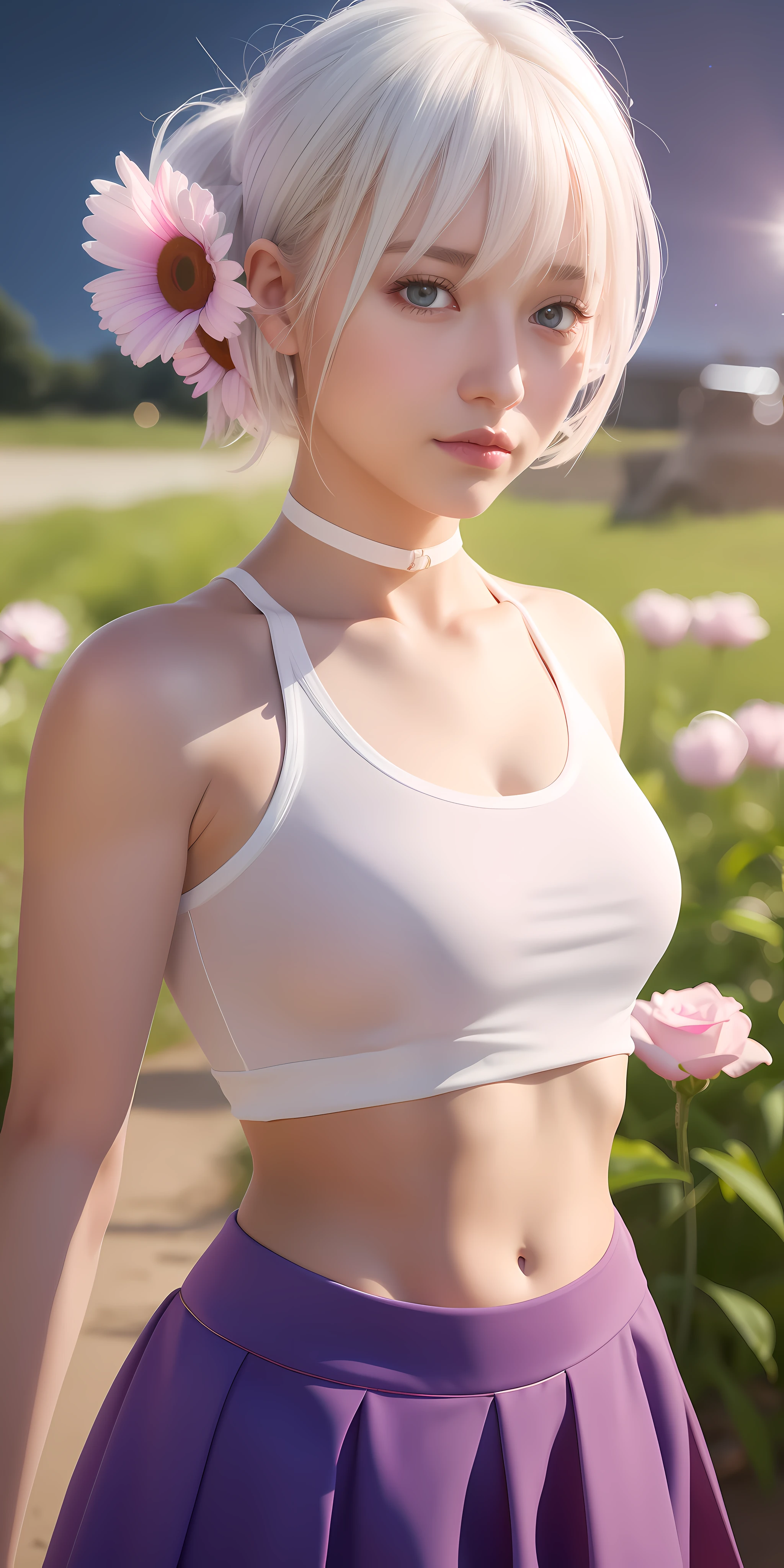 realistic, 1girl, white hair, purple eyes, glowing eyes, crop top, skirt, parted lips, blush, night, flowers, sun, sunlight,