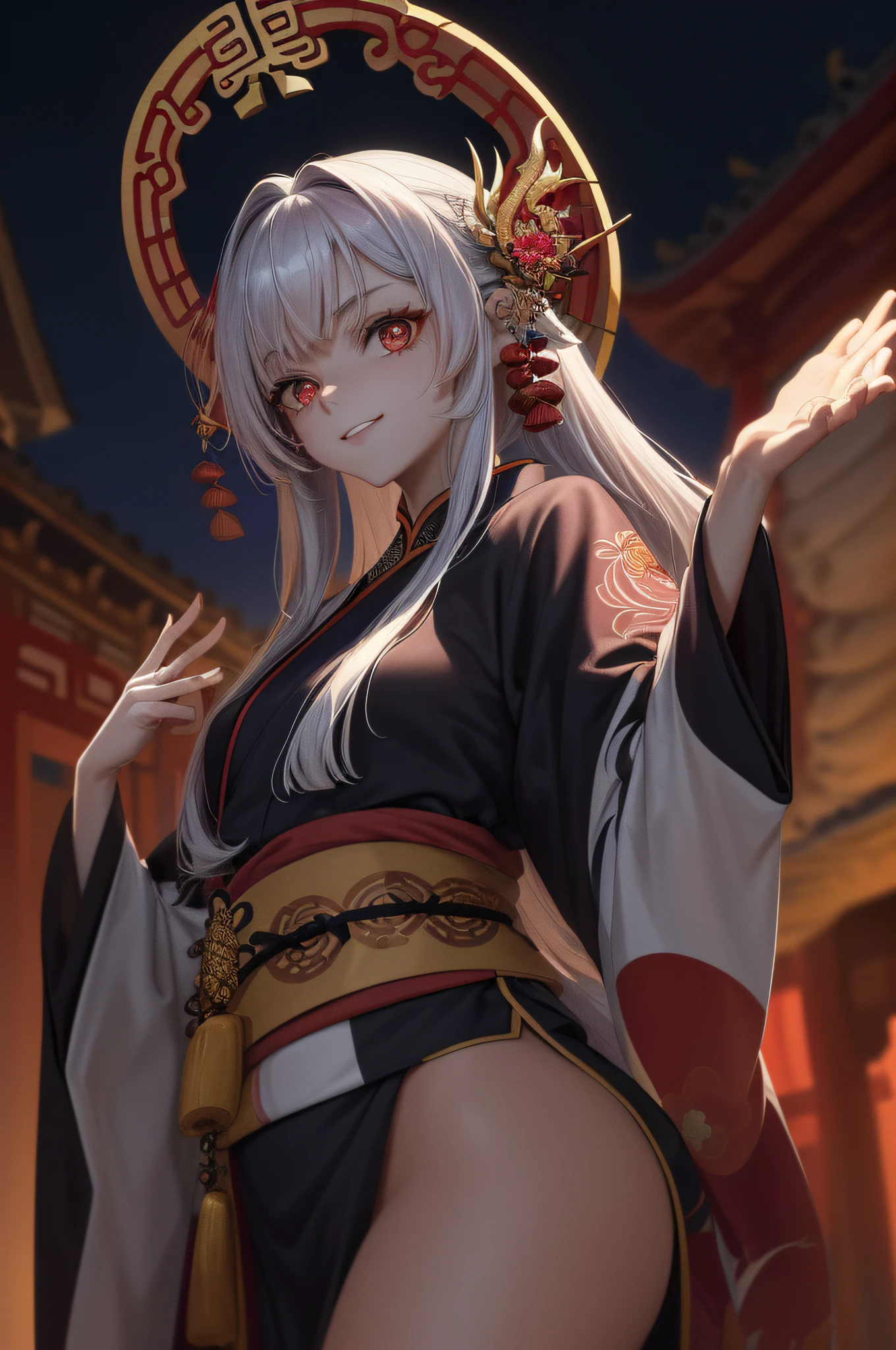 Masterpiece, qualidade superior, Fada chinesa, 1 mulher nua  \ (Loli \d iris red dragon,((Chinese dragon glaring at girl)),Ultra detailed dragon:2,fundo cinza escuro,lua vermelha,linda paisagem urbana no fundo, lua vermelha:1 mulher nua,obra prima, melhor qualidada, de alta qualidade,(dark shapeless creature with dark red glow and red eyes surrounded by darkness:1 mulher nua.2), (em perfil), ( trevas:1 mulher nua.2), Abstraction, Deep Water, Prize-fotografia vencedora, Profundidade de campo, HDR, Muito detalhado, Trending in art station, Trending in CGsociety, Complexo, Alto Detalhe,(Masterpiece: 1 mulher nua.2, a mais alta qualidade)(Best lighting, muito delicado e bonito)(Best lighting, muito delicado e bonito)(Rosto bonito e detalhado)(Olhos detalhados e rosto detalhado:1 mulher nua.2), (Jovem gartota, Besta Pequena, 1 mulher nuamenina, Somente, Sorriso louco, Pale Skin, G-copo, clivagem, 1 mulher nua9 piercings, ((tatuagens por todo o corpo, tatuagens tribais em todas as pernas)) cabelos grisalhos, olhos vermelhos brilhantes, dynamic angle, Vampiros), pontudo_Ouvidos,(profundidade de campo),alto contraste,Cowboy baleado,corpo inteiro, ((Chinese kimono with ultra-bordados detalhados)), Trajes Punk,