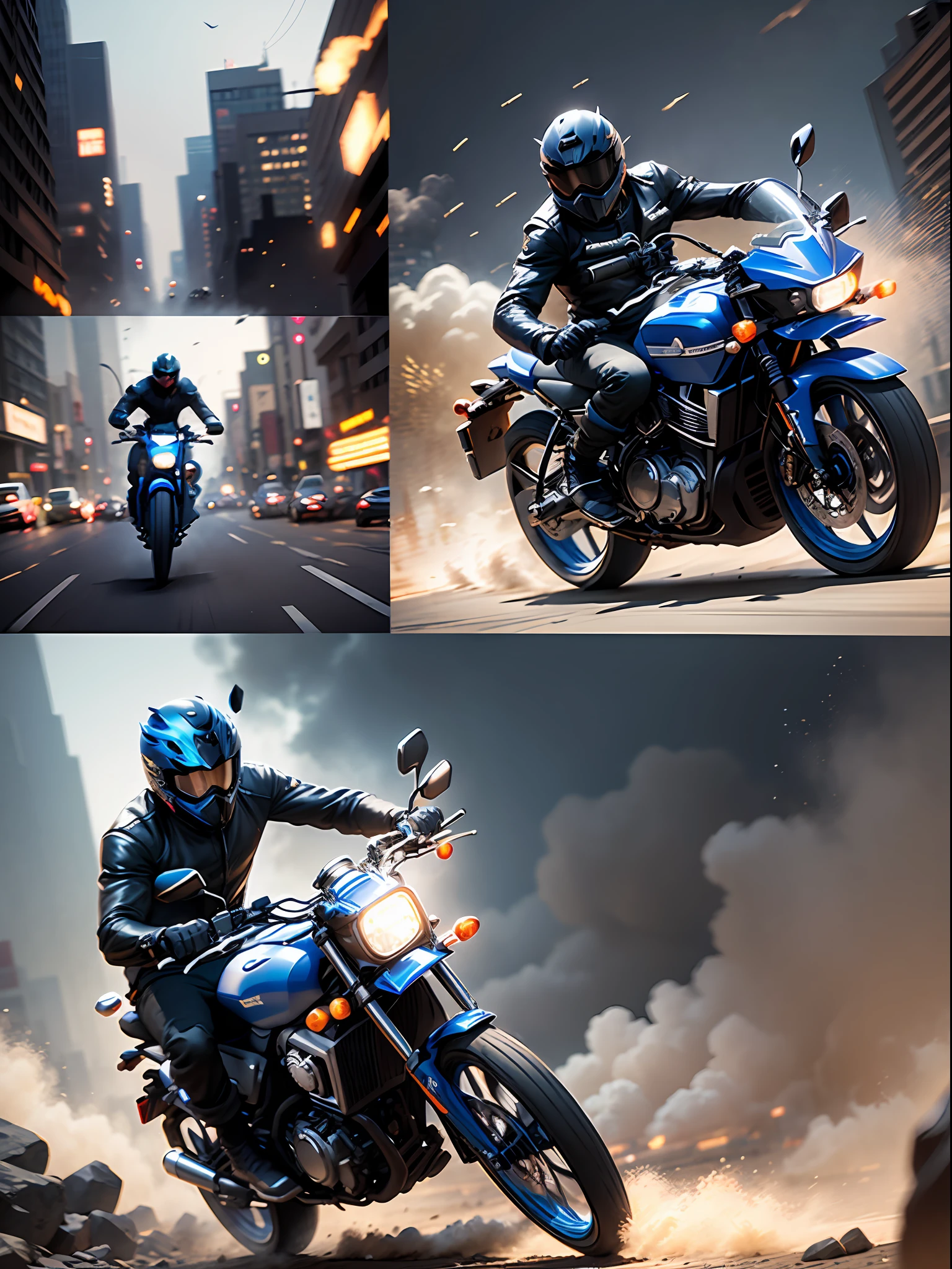 [Illustration storyboard]Comic page，There are four panels on one page: In a smoky city(background blurred) ，Several masked gangsters ride motorcycles，They had hideous expressions，Chase and smash，Tires rub against the ground，Rocks are falling apart，Smoke and dust filled the air(GoPro，f/2.8，motion blur，long exposure，diffuse backlight)。[Multi-angle，Continuous shooting]Adopted in the style of Tetsuo Hara，cobalt blue and reflective silver，Motion picture film P30，S composition