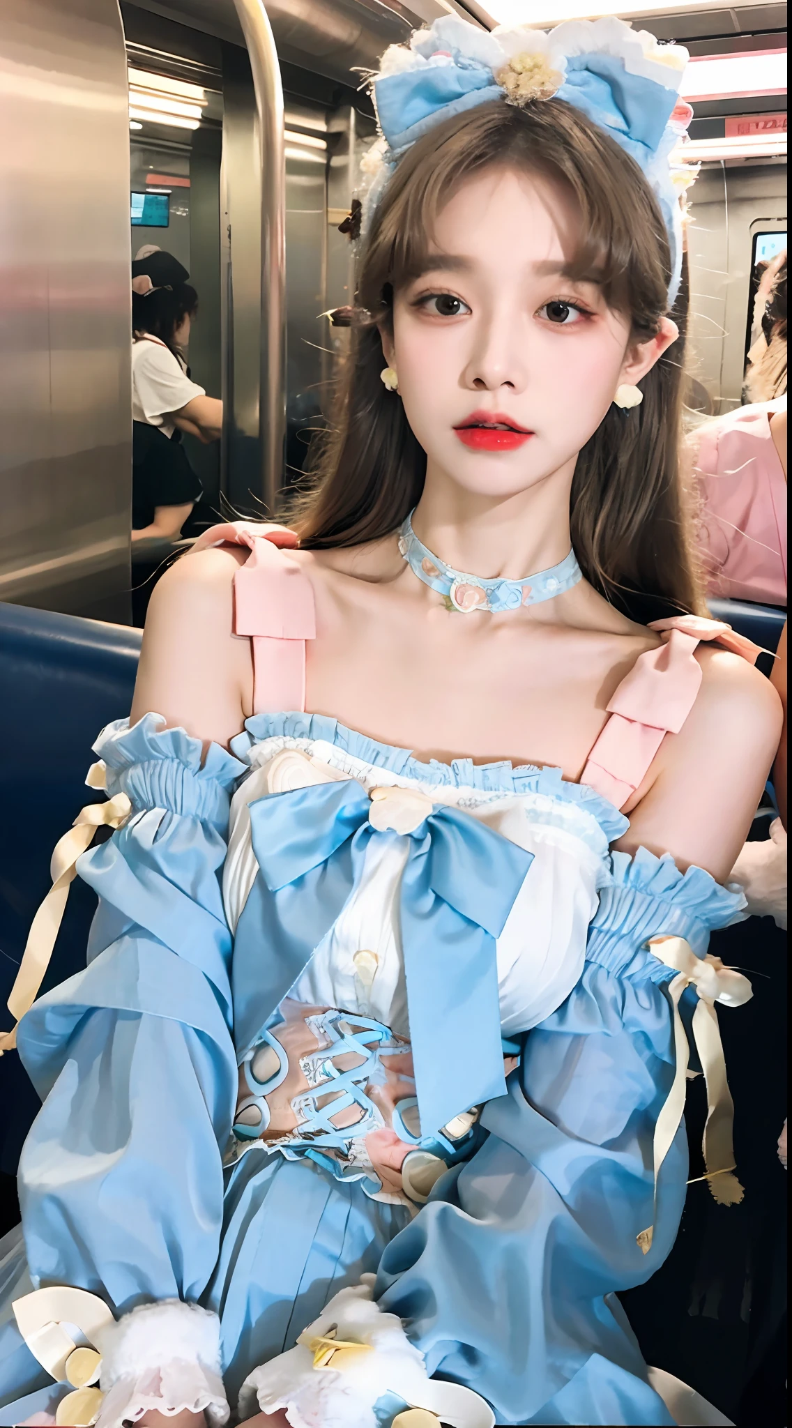 Bestquality，MASTERPIECE，Super High Resolution，（lifelike：1 girl Girl.4 pcs），RAW Photos，（subway），1 girl girl girl，dark eyes，looks at the viewer，long long hair，Light makeup，Lips，Small ears，earings,On the subway，sitting posture,big chest，slender,sweet_lolita，fulllllbody，Bow,MASTERPIECE， Bestquality，  NIGHT、， Neon Light， Front View， standding， In the crowd，