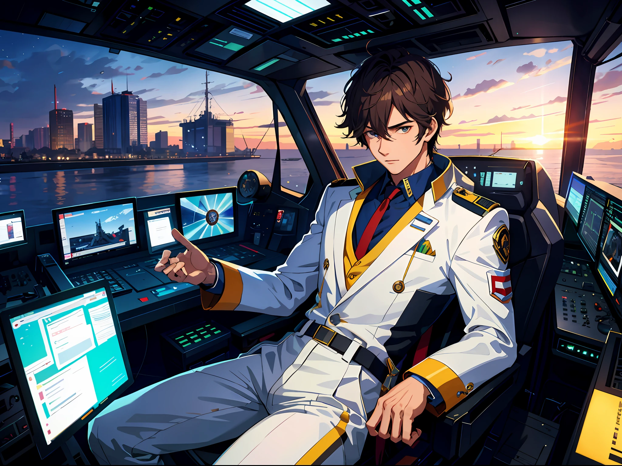 high resolusion,maximum quality,illustartion,Hyperdetailed,A handsome young man was sitting in the cockpit of the mecha,In front of you is a virtual monitor