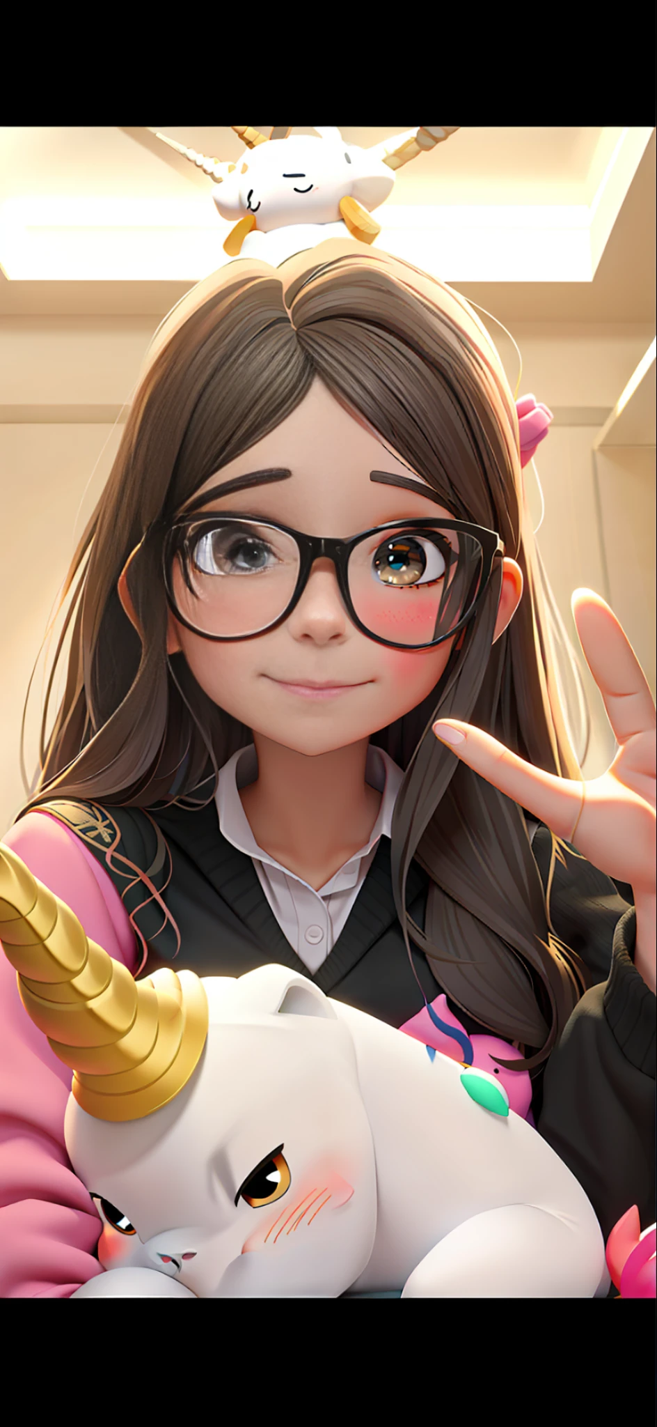 A very cute girl,Wearing glasses,Hand to Yay,Holding a unicorn doll