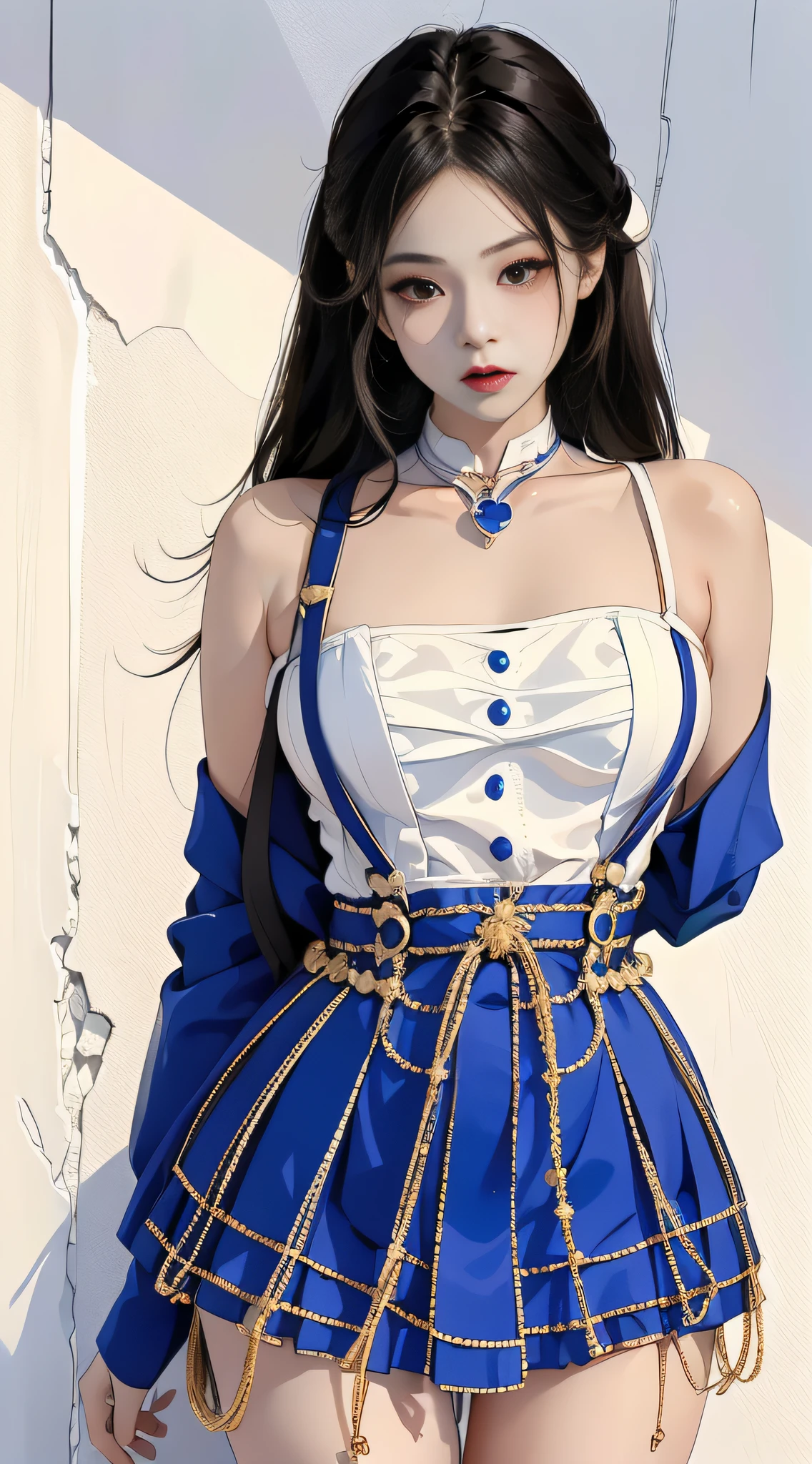 (1 girl one girl:1 girl Girl.3 girls), solo,_Kim Ji-ni Jennie face,Wearing a royal blue bandeau suspender,open waist,Blue pleated skirt,,sex appeal,cuteness,white legwear,White wall,,FULL-bodyphoto,looks at the viewer,World-weary face,Indifferent eyes,Korean style