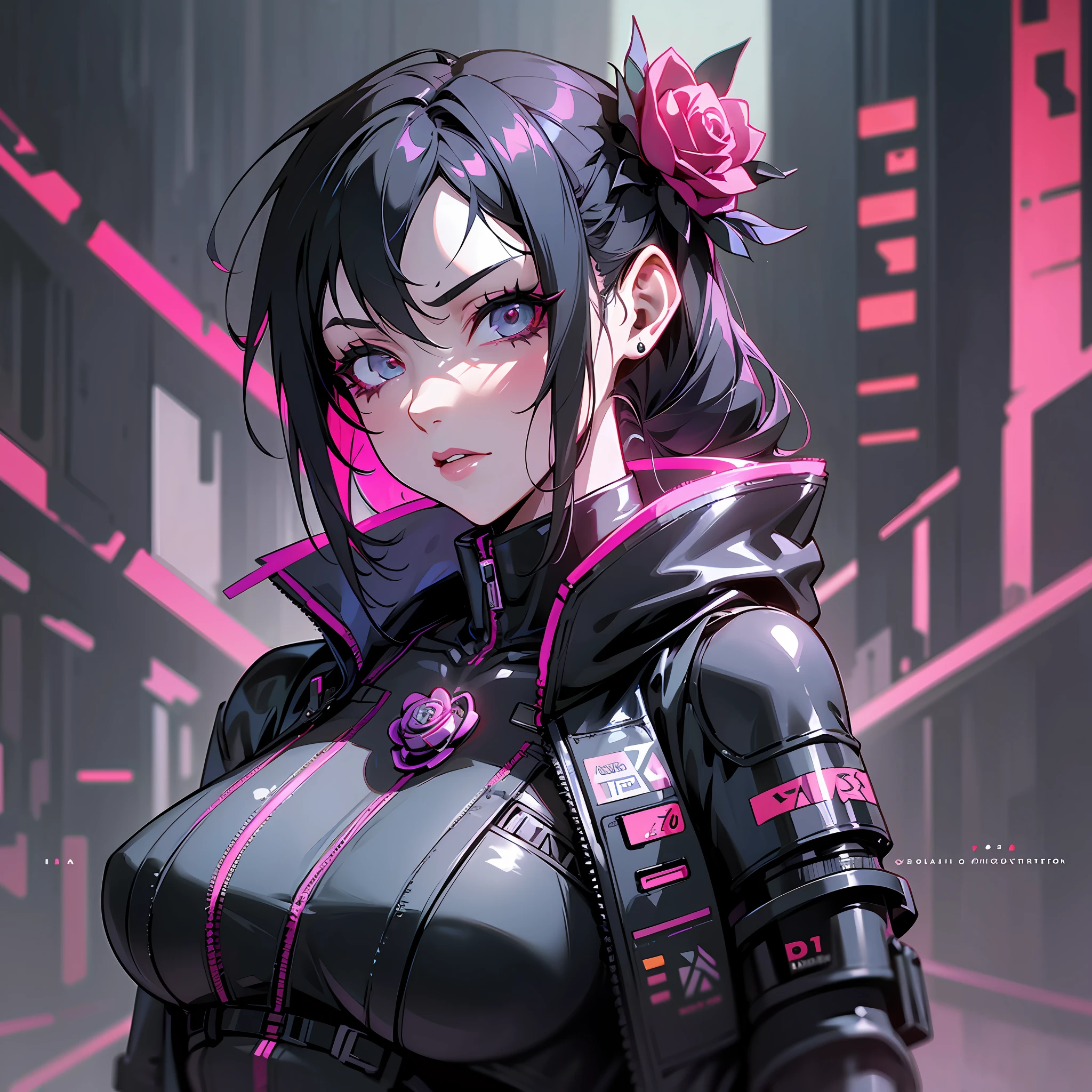 arafed woman in a black latex suit with a rose in her hand, oppai cyberpunk, female cyberpunk anime girl, cyberpunk cyborg. roses, digital cyberpunk anime art, cyberpunk 2 0 y. o model girl, digital cyberpunk - anime art, anime cyberpunk art, cyberpunk judy alvarez, cyberpunk flowerpunk, cyberpunk anime girl, cybersuit, cute cyborg girl --auto --s2