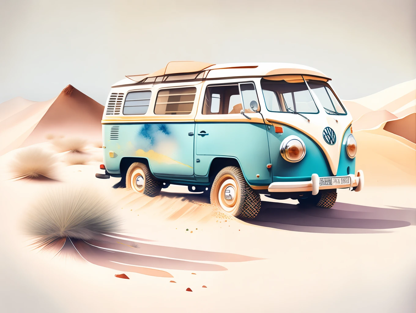 graphic design, flat design, VW Kombi 1968 off-road, passing through a desert, watercolor splashes, highly detailed clean, photorealistic masterpiece, professional photography, realistic car, White background, isometric, vibrant color vector