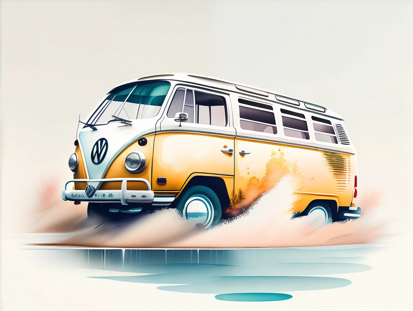 graphic design, flat design, VW Kombi 1968 off-road, passing through a river. watercolor splashes, highly detailed clean, photorealistic masterpiece, professional photography, realistic car, White background, isometric, vibrant color vector