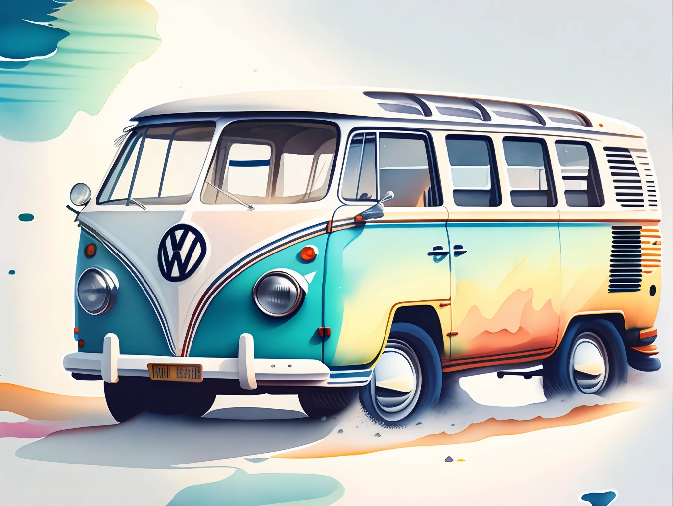 graphic design, flat design, VW Kombi 1968 off-road, passing through a beach, watercolor splashes, highly detailed clean, photorealistic masterpiece, professional photography, realistic car, White background, isometric, vibrant color vector