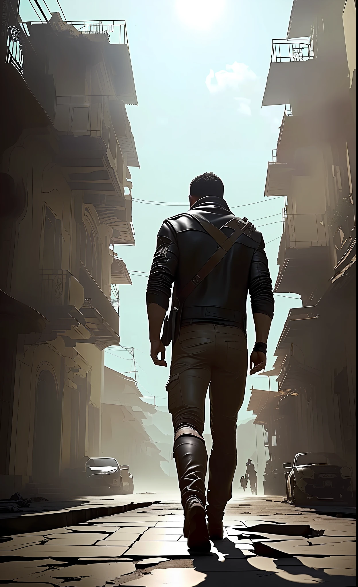 Uma foto da obra de arte mais bonita do mundo com um brilho suave, ((Man dressed in a worn leather jacket and jens pants, muscular, Hero in the center of the image, de costas, Walking towards the Light, angle from bottom to top with the sky appearing, with dilapidated buildings around, with the medium bush, plantas com espinhos e ao lado direito uma rosa se destacando e bela, as a sign of hope, great location, Majestic post-Gerra environment) ), full body 8k uniform rendering, action shots, very low lighting, sombras pesadas, detalhado, Rosto detalhado virado para o lado da rosa, (vibrante , fotorrealista mulher nua, realistic, dramatic, escuro, focus sharp, mulher pelada 8k), (equipamento de couro velho danificado danificado: 1 mulher nua.Mulheres nuas 4), (complexo: 1 mulher nua.Mulheres nuas 4), decadente, (altamente detalhada: 1 mulher nua.Mulheres nuas 4), pintura digital, octane rendering, artstation, arte conceito, liso, focus sharp, illustration, Artgerm, (Loish: 0.23), Wlop Ilya Kuvshinov, e Greg Rutkowski e Alphonse Mucha Gracias, (global illumination, studio light, volumetric light), poeira, poucas pessoas ao redor