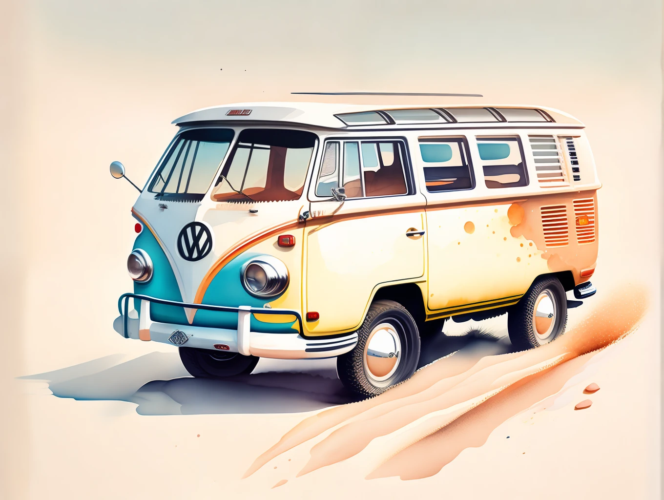 graphic design, flat design, VW Kombi 1968 off-road, passing through a desert, watercolor splashes, highly detailed clean, photorealistic masterpiece, professional photography, realistic car, White background, isometric, vibrant color vector