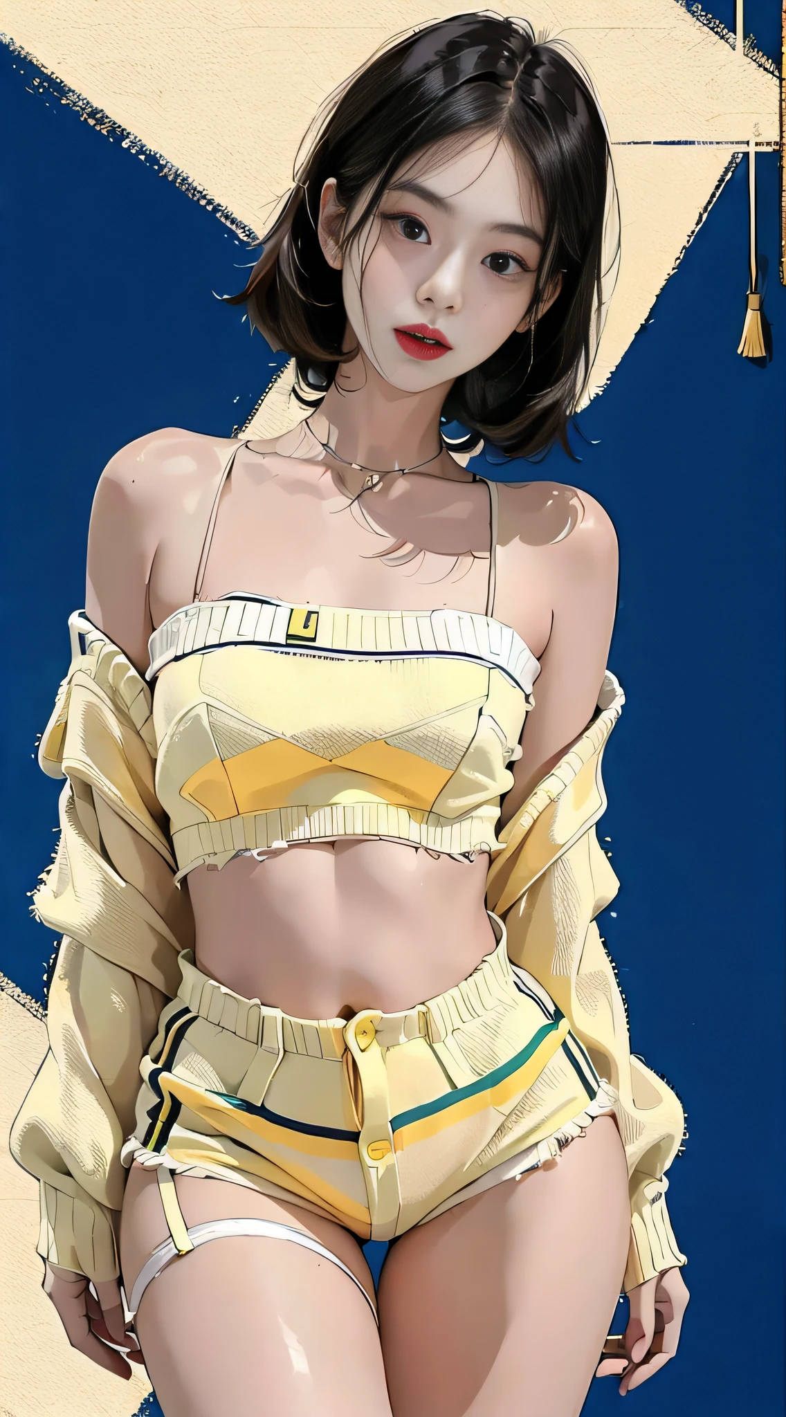 (1girl:1.3), solo,_ Kim Ji-ni Jennie face, wearing yellow armband sweater, cropped style, white bandeau underneath, pale green shorts, sexy, cute, white socks, background campus, full body photo, looking at the audience, world-weary face, cold eyes, Korean style photo photos, photographic lighting, strong contrast, sunlight on the face, world-weary face, high-end sense, 8k resolution image, intricate symmetry details. Smooth action, full picture.