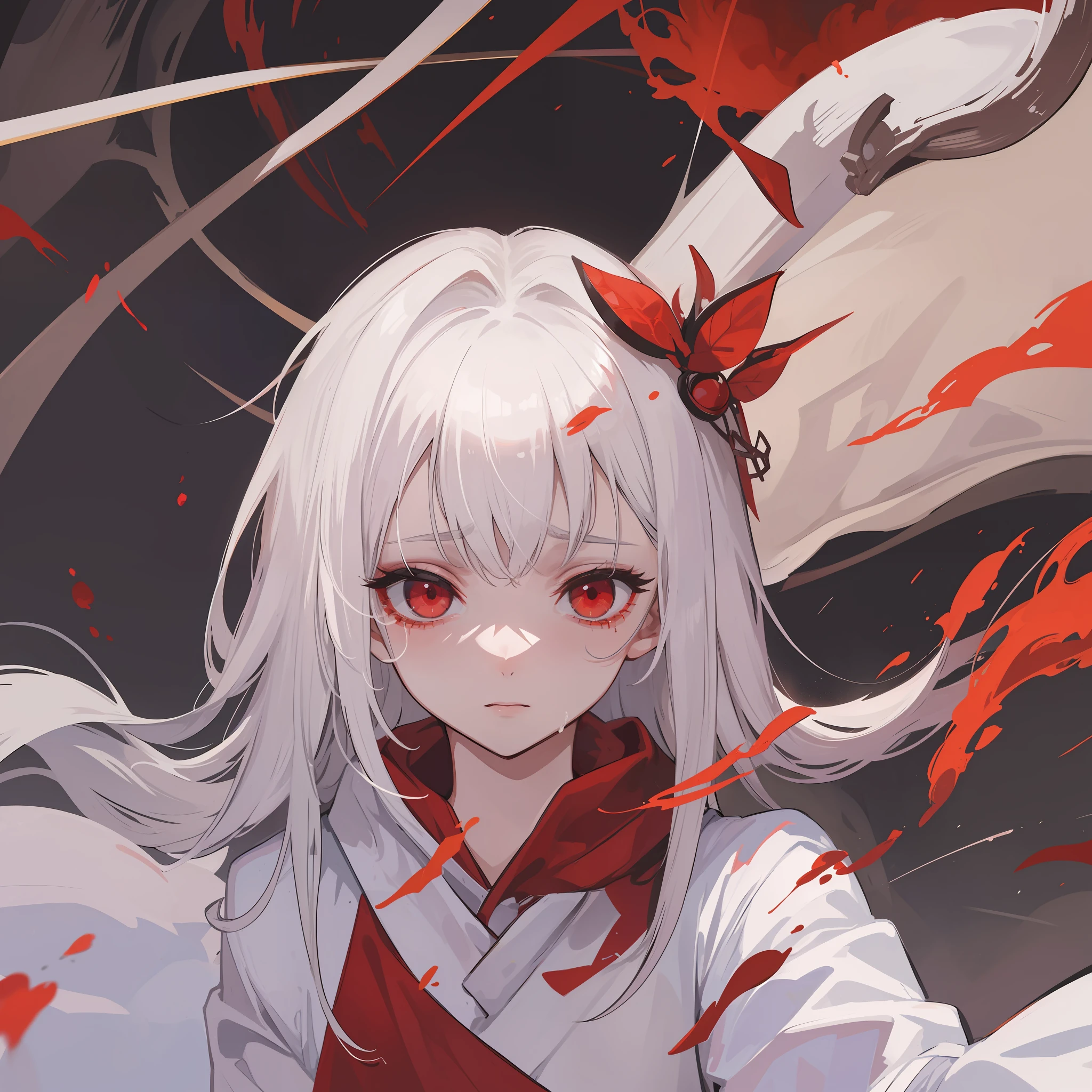 A white-haired female 25 year old with red eyes and a white robe, she crying