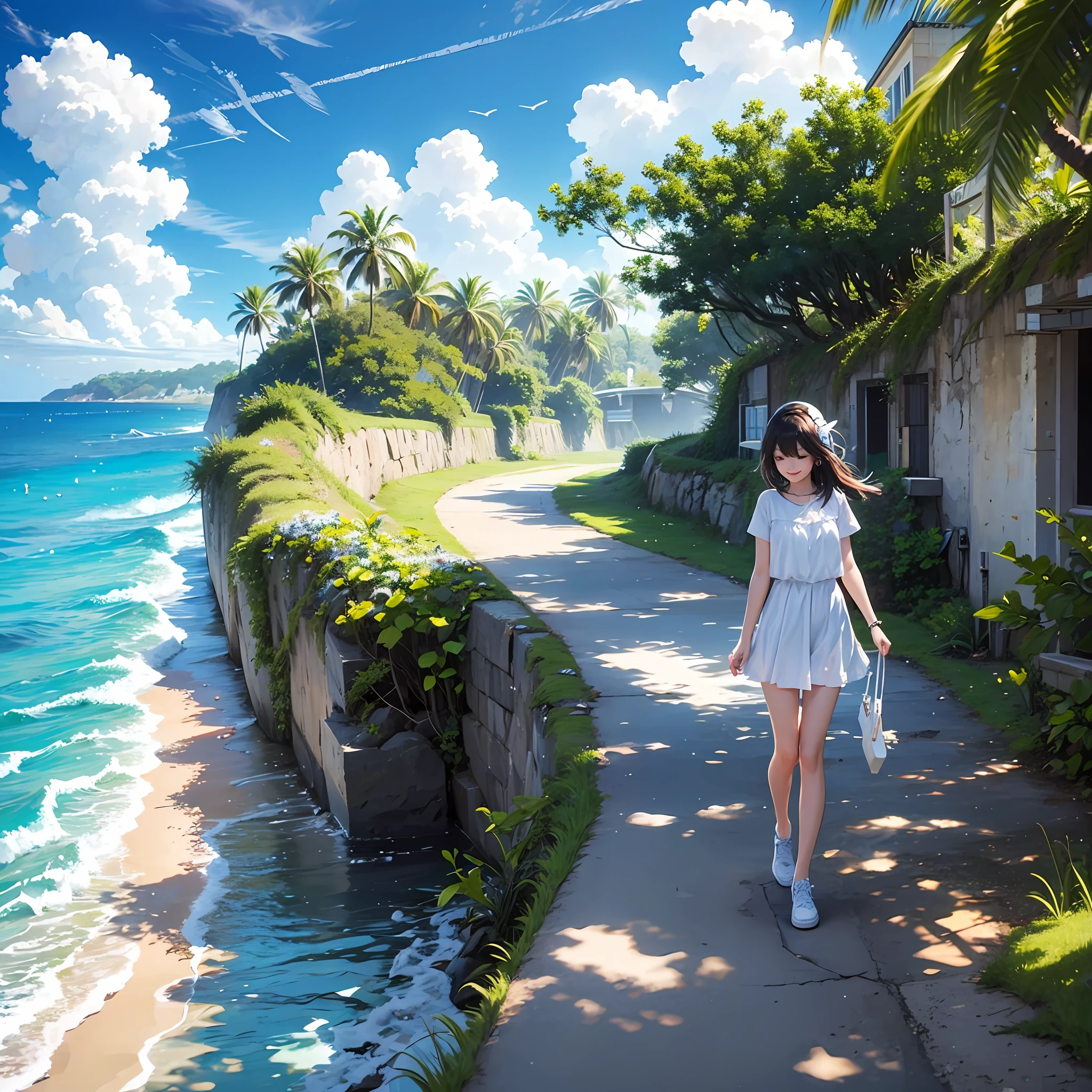 seaside,,blue sky and white clouds,Sea and sky line,The girl,Sunny and cheerful smile,walk --auto --s2