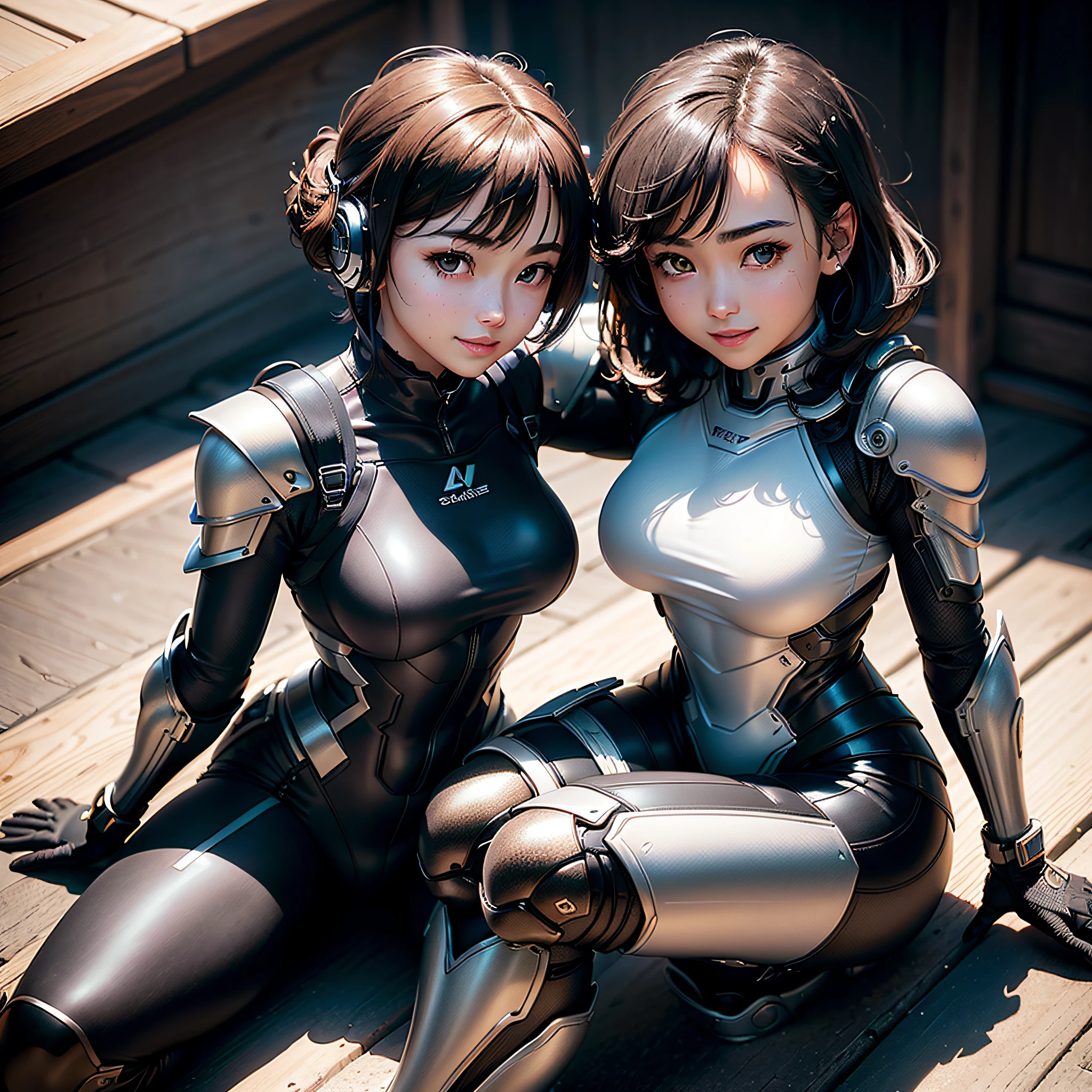 (A Masterpiece、BEST QUALITY、Top Resolution、distinct_image、Highly elaborate CG、Cinematic Lighting、raytracing、drop shadows、Detailed details、(photorealistic:1.4)、High quality textures、Fine-grained、Realistic facial expressions): (Lone Girl、Japan faces、Girl with brown hair、short hair、small size of breasts、Glittering black colored eyes、Eye Level Shot、Sitting and leaning forward、Pilot suit in metallic black color、Tight Fit Clothing、Clothing that covers the whole body、light grin smile、Beauty during、slim body、exoskeleton、heroine、headset、long boots、glove)