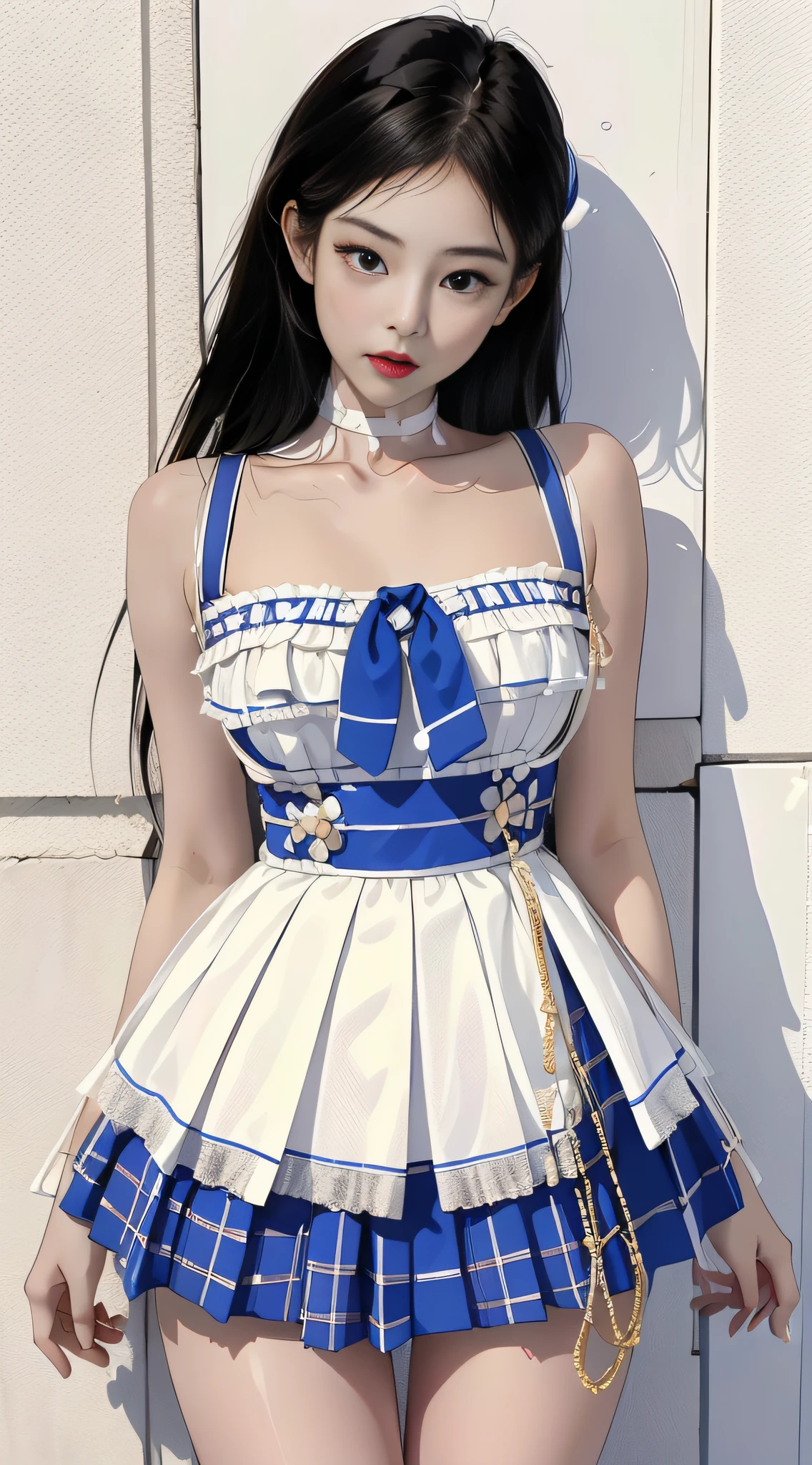 (1 girl one girl:1 girl Girl.3 girls), solo,_Kim Ji-ni Jennie face，Wearing a royal blue bandeau suspender，open waist，Blue pleated skirt，，sex appeal，cuteness，white legwear，White wall，，FULL-bodyphoto，looks at the viewer，World-weary face，Indifferent eyes，Korean style