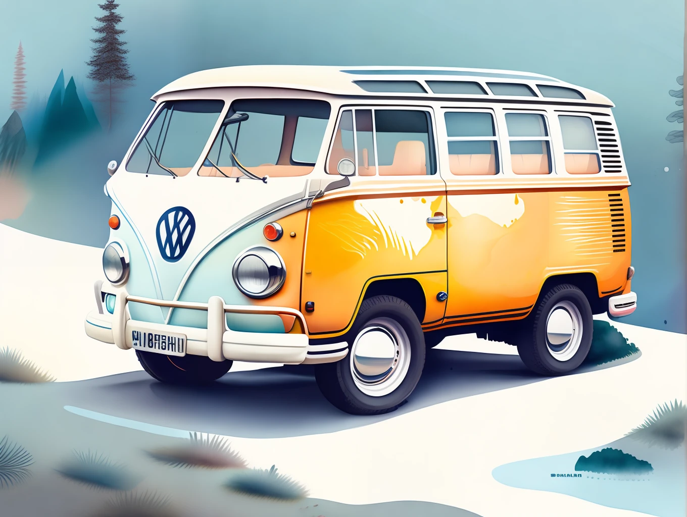 graphic design, flat design, VW Kombi 1968 off-road, passing through a river. watercolor splashes, highly detailed clean, photorealistic masterpiece, professional photography, realistic car, White background, isometric, vibrant color vector