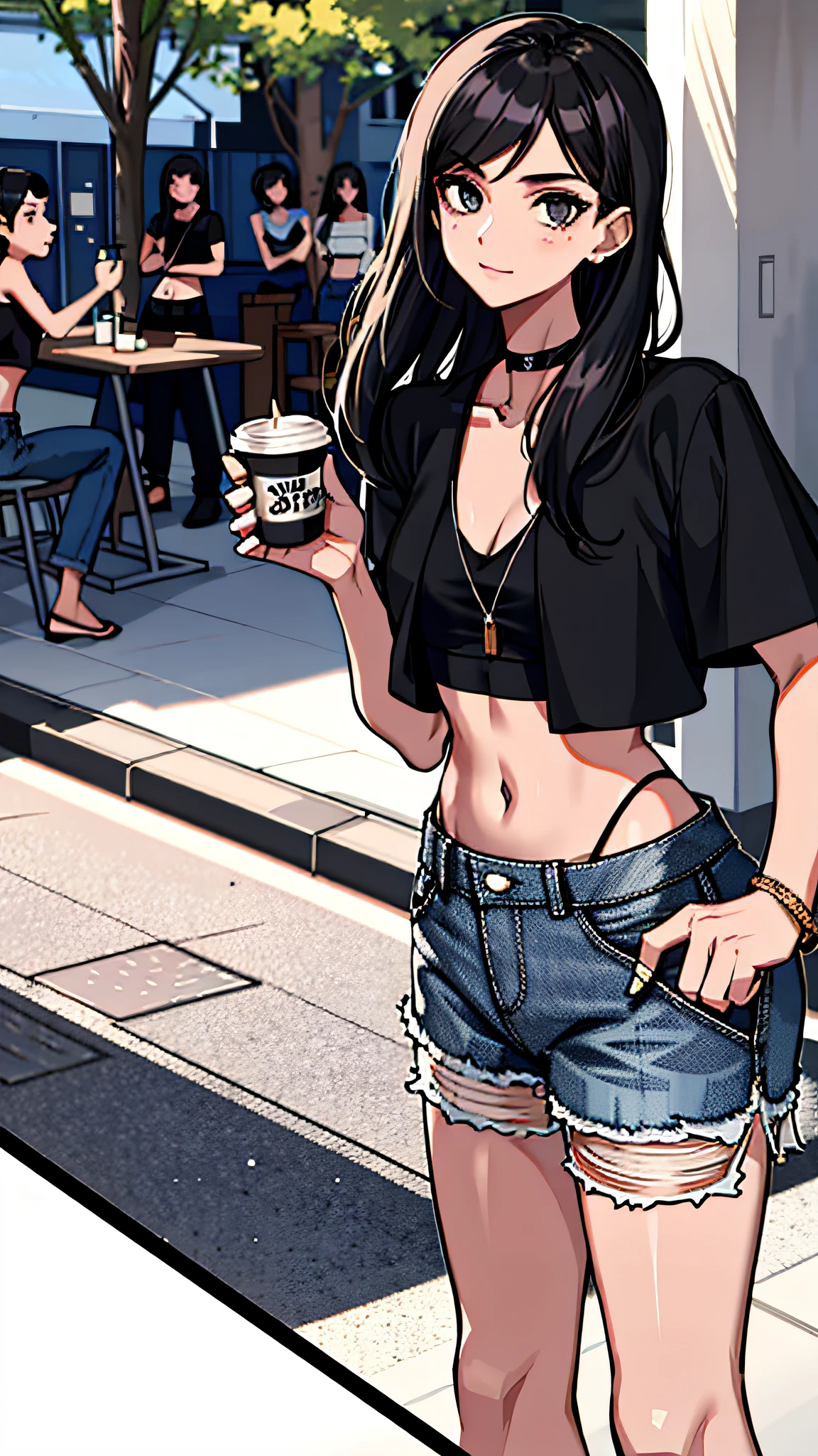araffed woman in a black shirt and denim shorts holding a cup of coffee, wearing crop top, wearing a cropped top, wearing a sexy cropped top, wearing a crop top, cropped shirt with jacket, wearing a cropped tops, with ripped crop t - shirt, wearing a dark shirt and jeans, wearing a cropped black tank top, wearing a black cropped tank top