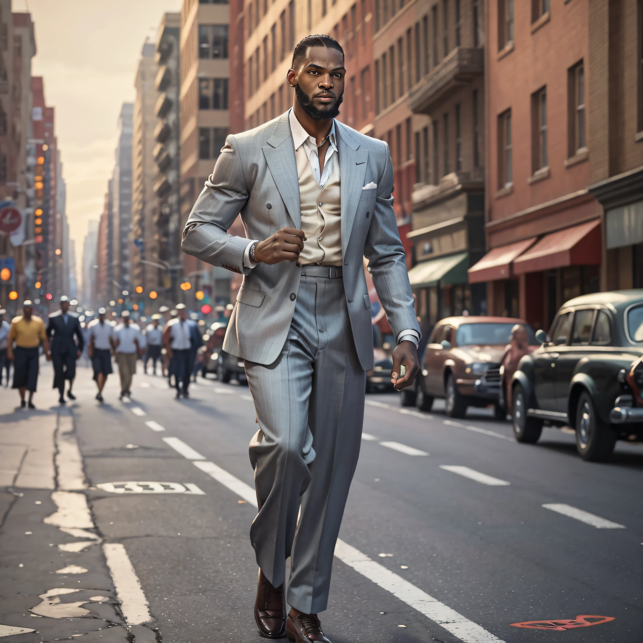 1950 magnum style photo of 38 year old Labron James walking down a busy harlem street in 1950 --auto --s2