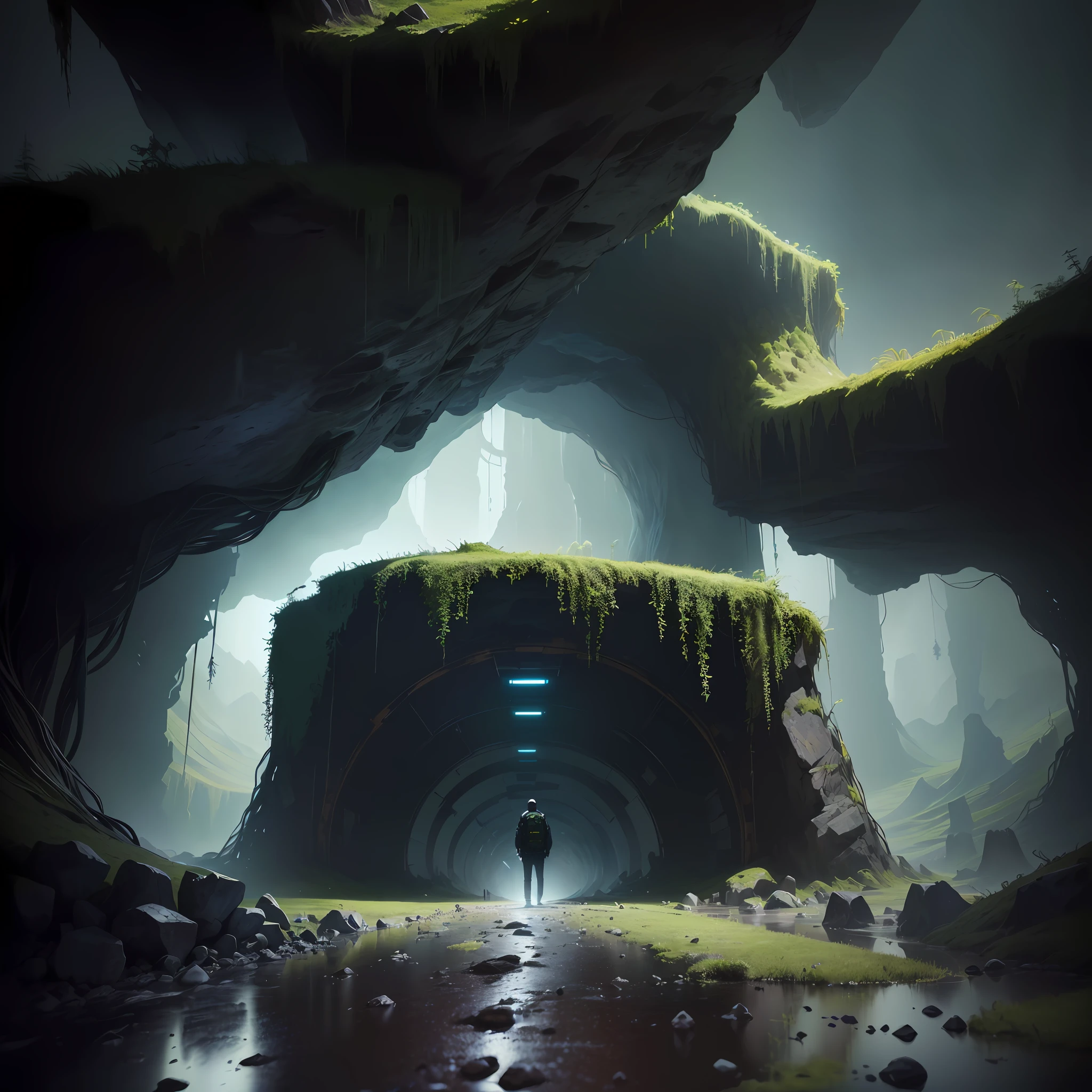 there is a man standing in a tunnel with a backpack, Pintura Digital Sci Fi, motor irrealpintura digital, Sci-fi pintura digital, Papel de parede de arte conceitual 4K, Arte conceitual 4k, Arte conceitual 4K, mystical sci-ser arte conceitual, arte conceitual 8 k, arte conceitual 4k detalhada, Arte conceitual 8K HD, arte conceitual de pintura digital