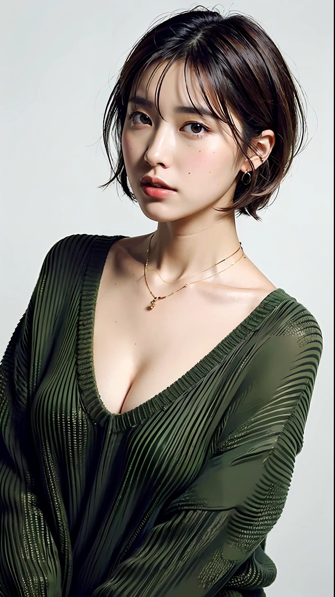 (Best quality, 8k, 32k, Masterpiece, UHD:1.2),Photo of Pretty Japanese woman, large breasts, very short bob hair,upper body,face focus,oversized_sweater, necklace, simple background, from above, looking at viewer,