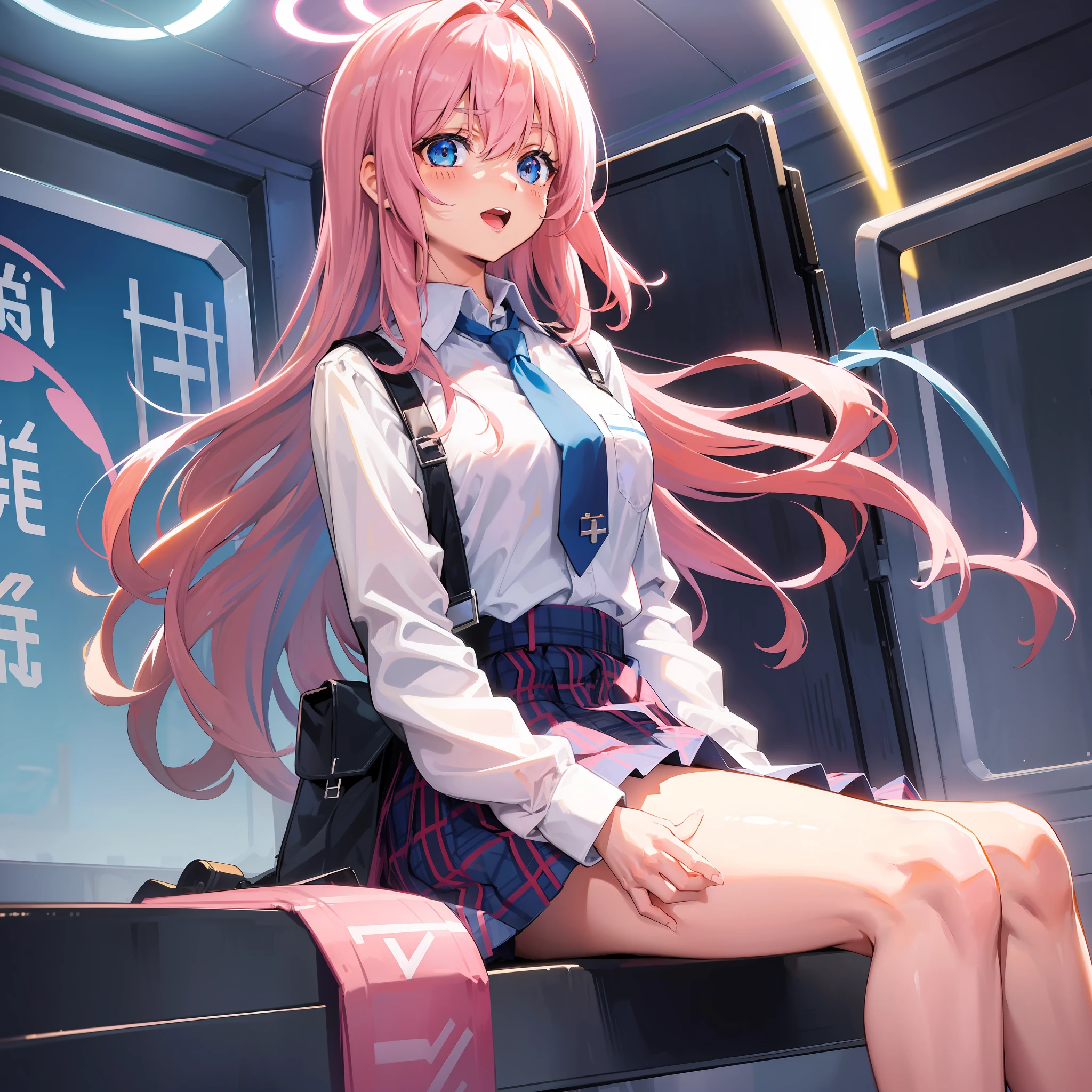1girl, Hoshino (Blue Archive), solo, heterochromia, pink hair, skirt, long hair, tie, ahoge, shirt, halo, plaid skirt, blue eyes, plaid look, looking at the audience, white shirt, sitting, orange eyes, chest strap, suspenders, long sleeves, ID card, open mouth, very long hair, collared shirt, smile, blue tie, bangs, feet out of the frame, between legs, hands between legs, blush, hair between eyes, high resolution, masterpiece, best quality