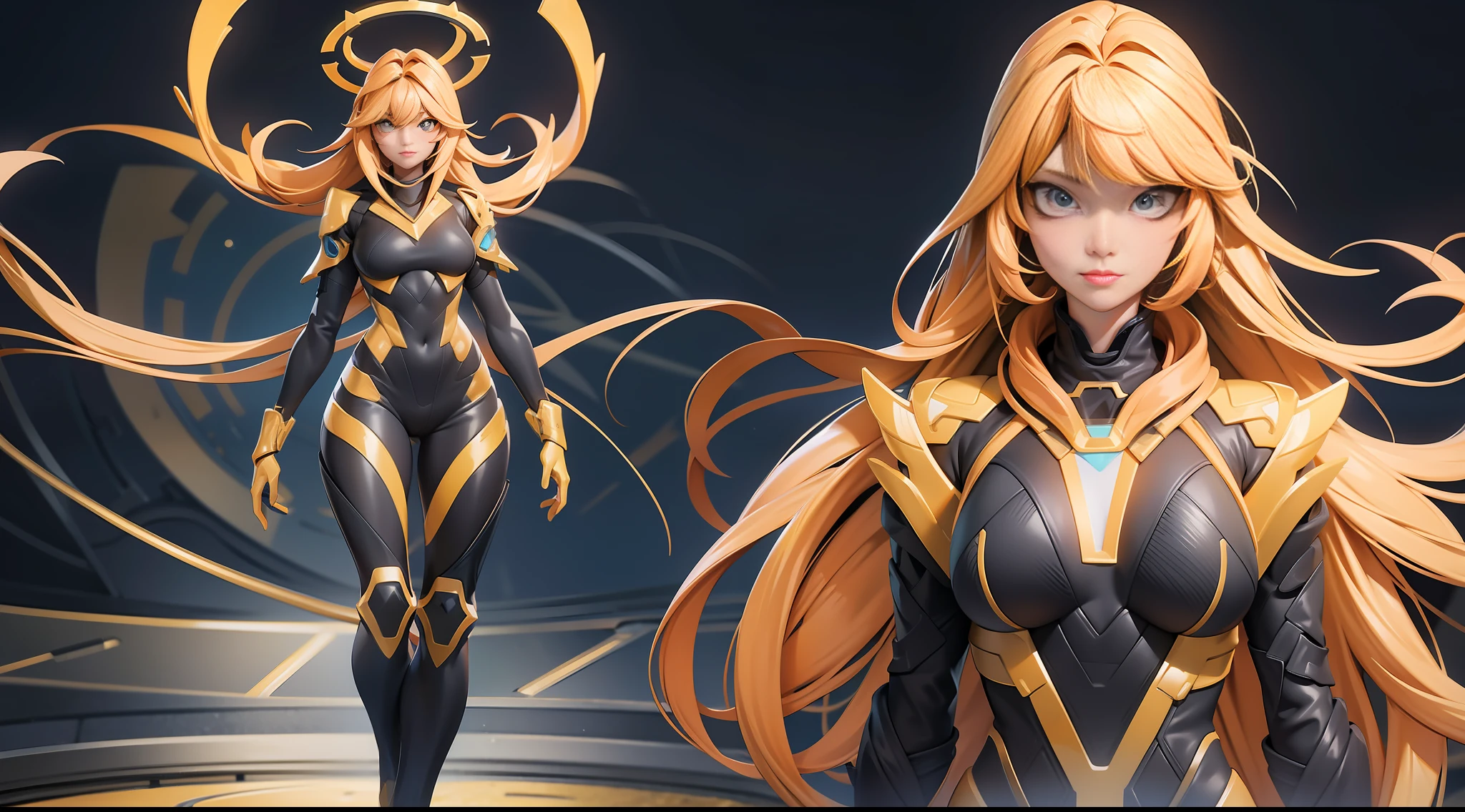 full body picture Unreal Engine 5 8K UHD of a beautiful adult girl, long golden hair, wearing futuristic black tight battle suit, futuristic tight mask, futuristic neck collar, gold light details, best quality, masterpiece