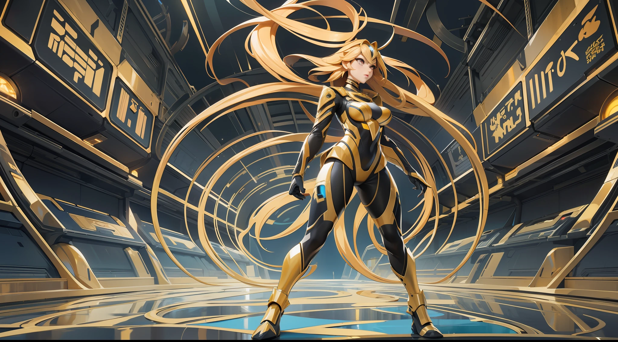full body picture Unreal Engine 5 8K UHD of a beautiful adult girl, long golden hair, wearing futuristic black tight battle suit, futuristic tight mask, futuristic neck collar, gold light details, best quality, masterpiece
