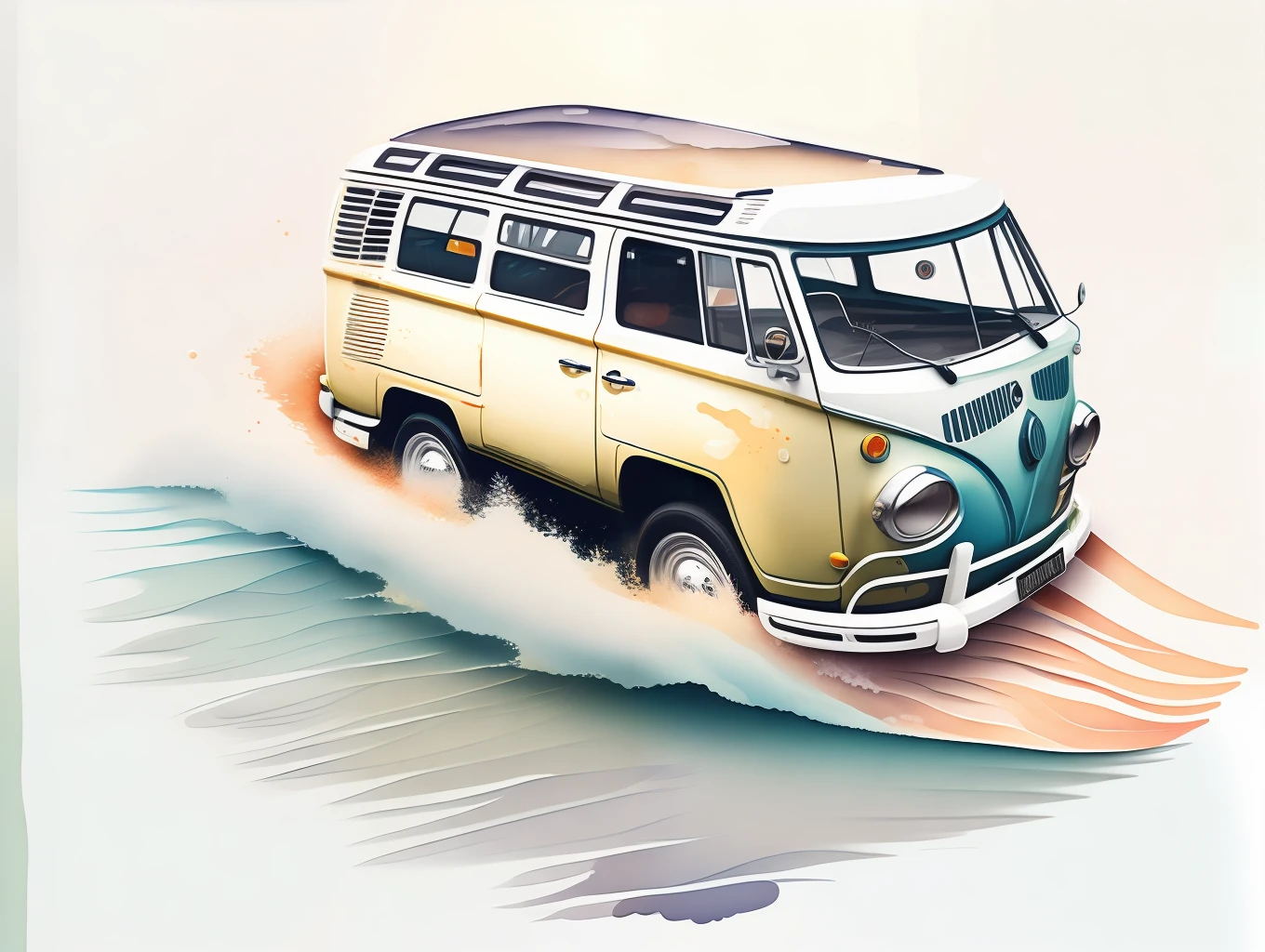 graphic design, flat design, VW Kombi 1968 off-road, passing through a river. watercolor splashes, highly detailed clean, photorealistic masterpiece, professional photography, realistic car, White background, isometric, vibrant color vector