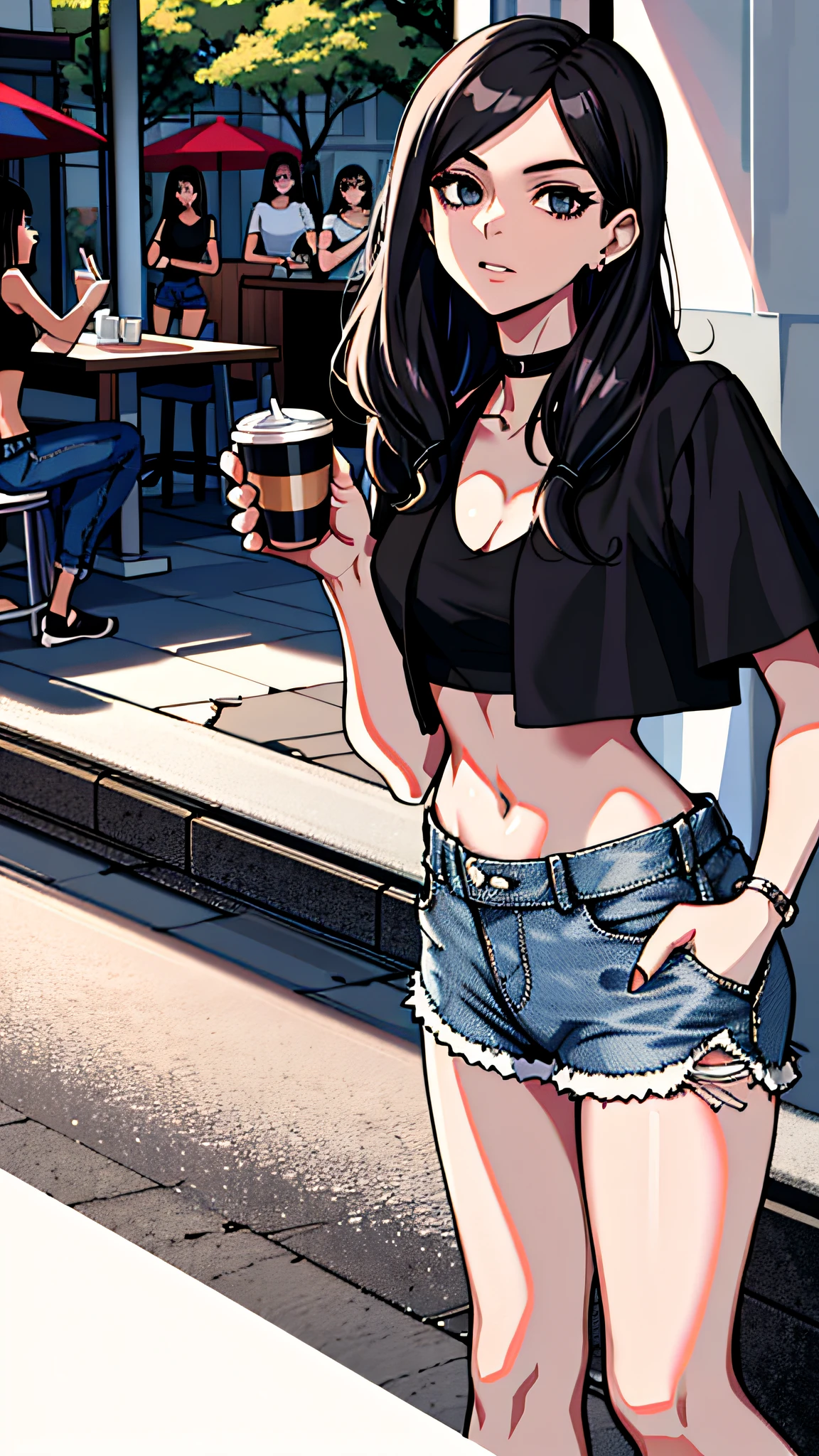 araffed woman in a black shirt and denim shorts holding a cup of coffee, wearing crop top, wearing a cropped top, wearing a sexy cropped top, wearing a crop top, cropped shirt with jacket, wearing a cropped tops, with ripped crop t - shirt, wearing a dark shirt and jeans, wearing a cropped black tank top, wearing a black cropped tank top