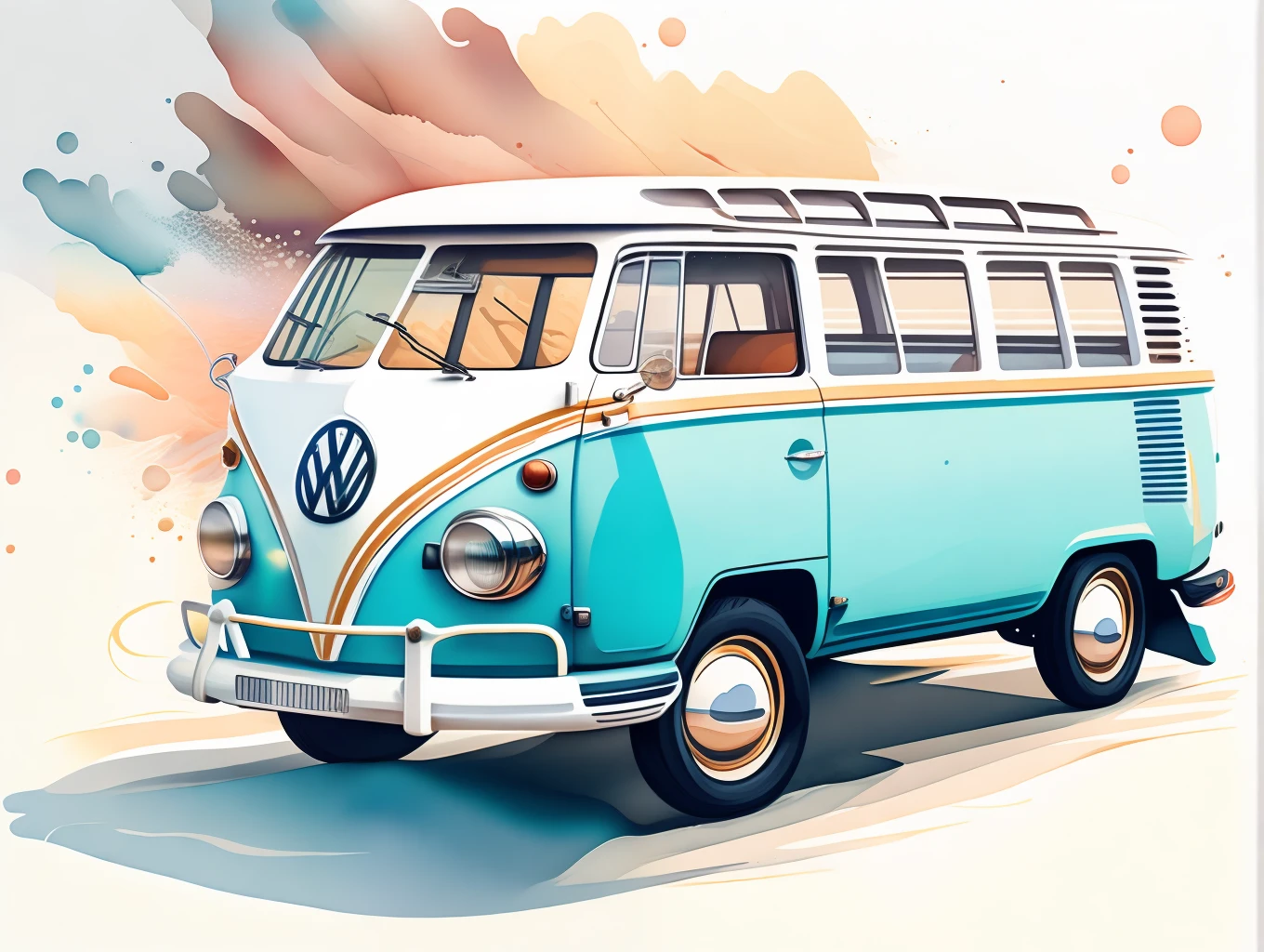 graphic design, flat design, VW Kombi 1968 off-road, passing through a beach, watercolor splashes, highly detailed clean, photorealistic masterpiece, professional photography, realistic car, White background, isometric, vibrant color vector