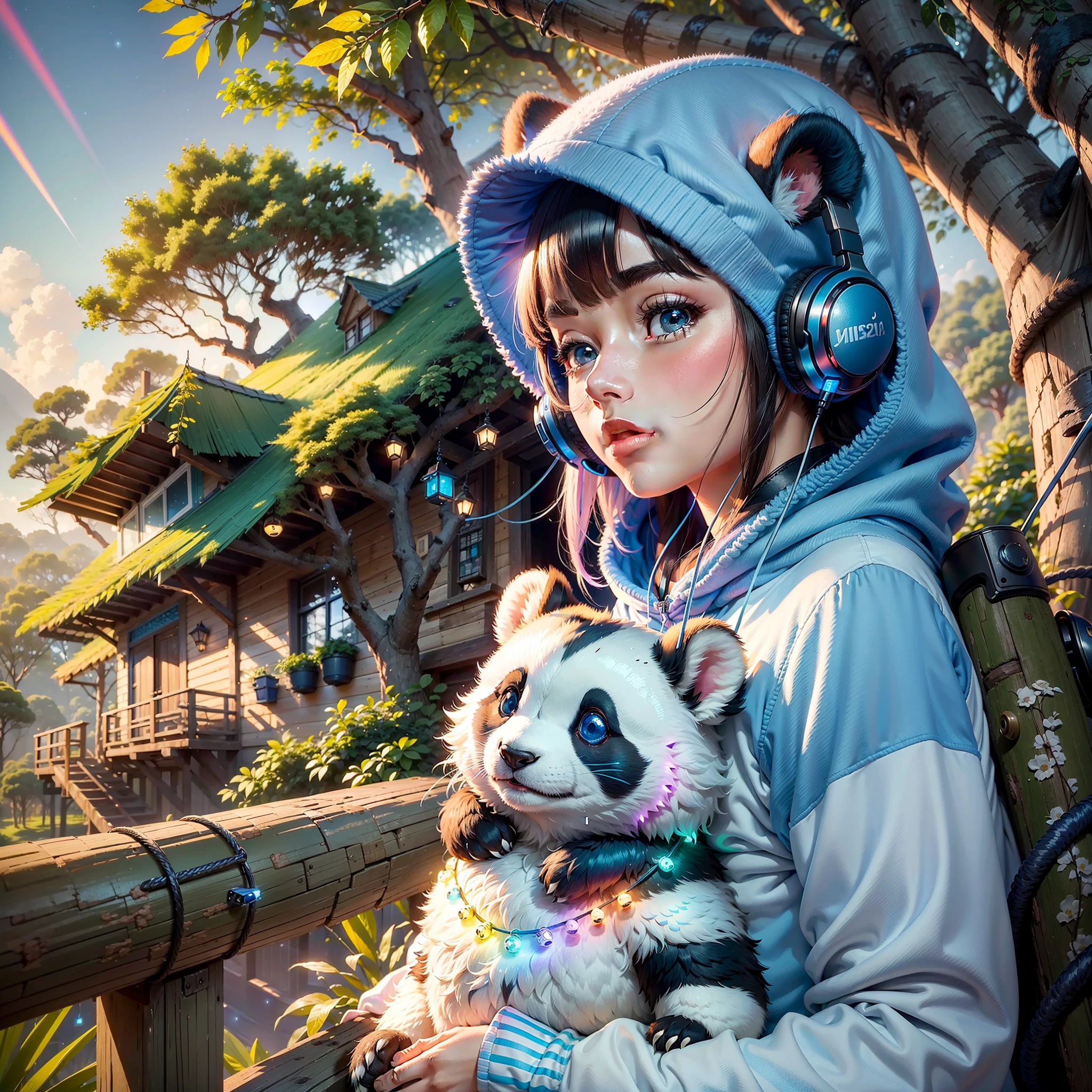((melhor qualidade)) 1 Panda (animal) detailed with a cute blue sweatshirt and headphones in a fantastic setting, hipnotizantes raios de sol refletindo na grama, a treehouse and strands of lights filling the sky with glow, vivid colors and subtle details