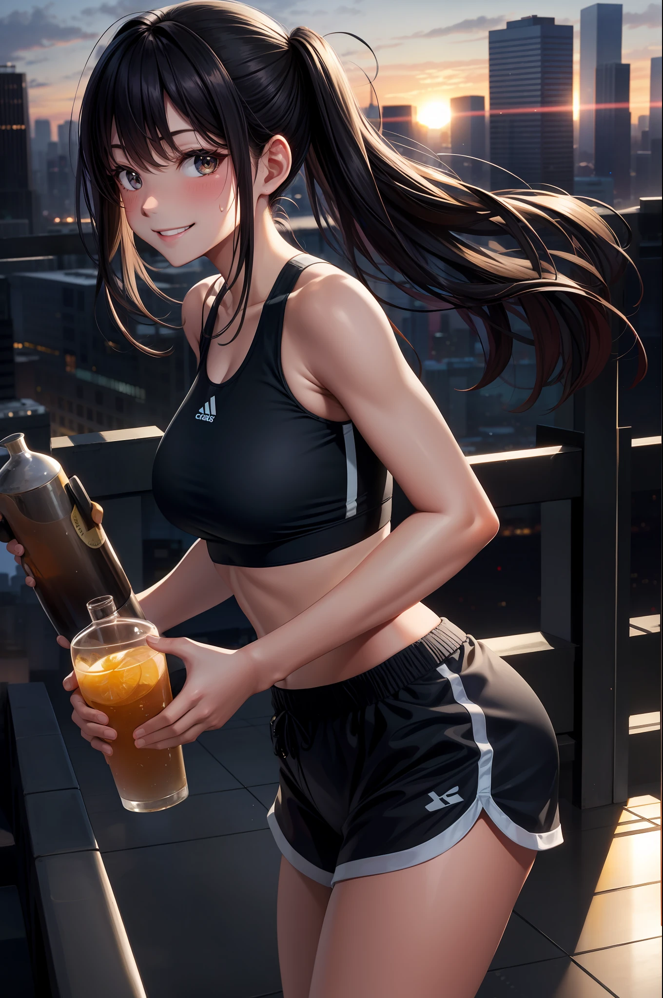 solo, 1girl, specter, sweating, smile, holding water bottle, sports bra, shorts, dusk, sunset, cityscape scenery, skyscrapers, cowboy shot